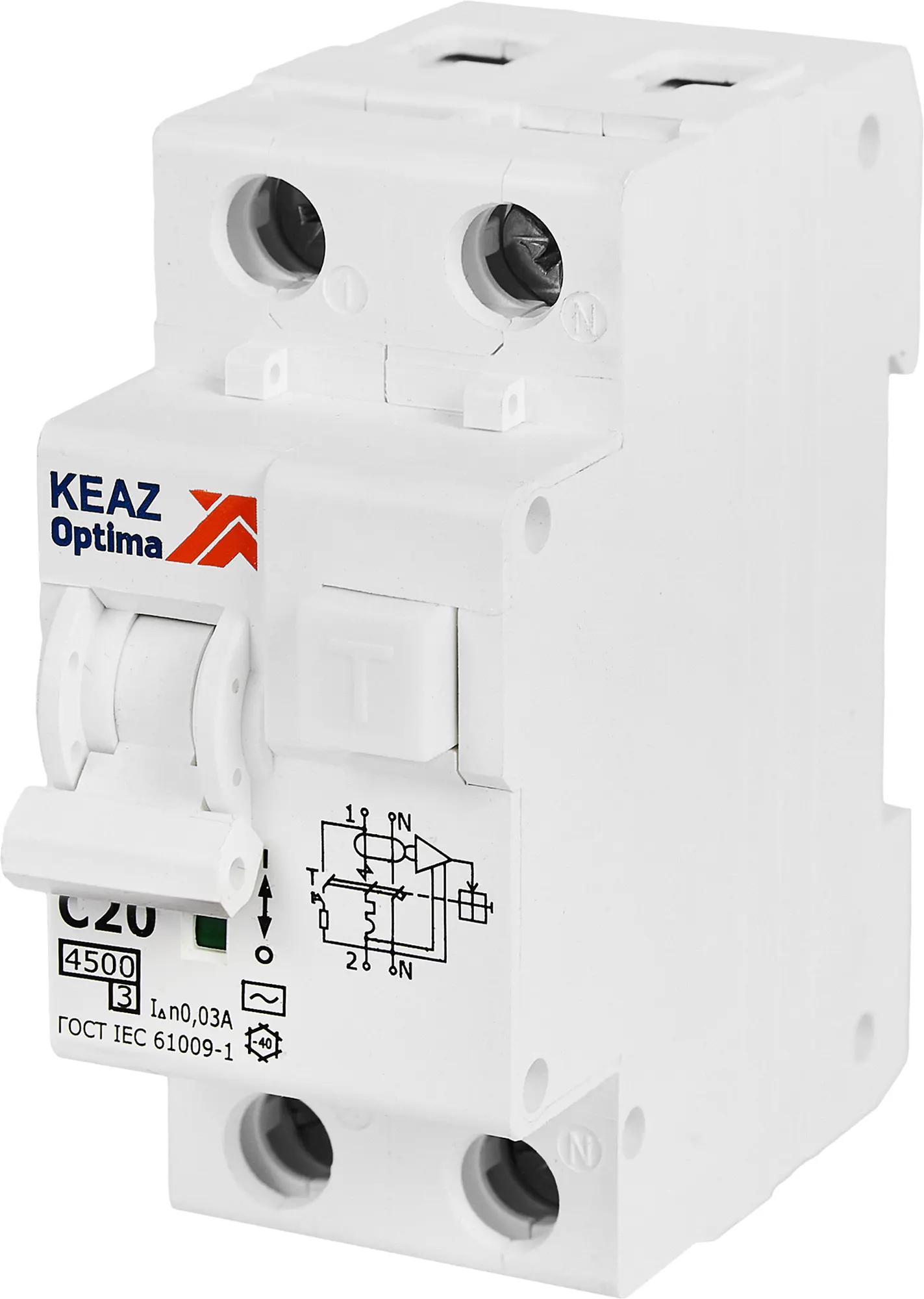 Изображение товара Дифференциальный автомат КЭАЗ Opti Din 2P C20 А 30 мА 4.5 кА АС D63-22C20-AC-У3