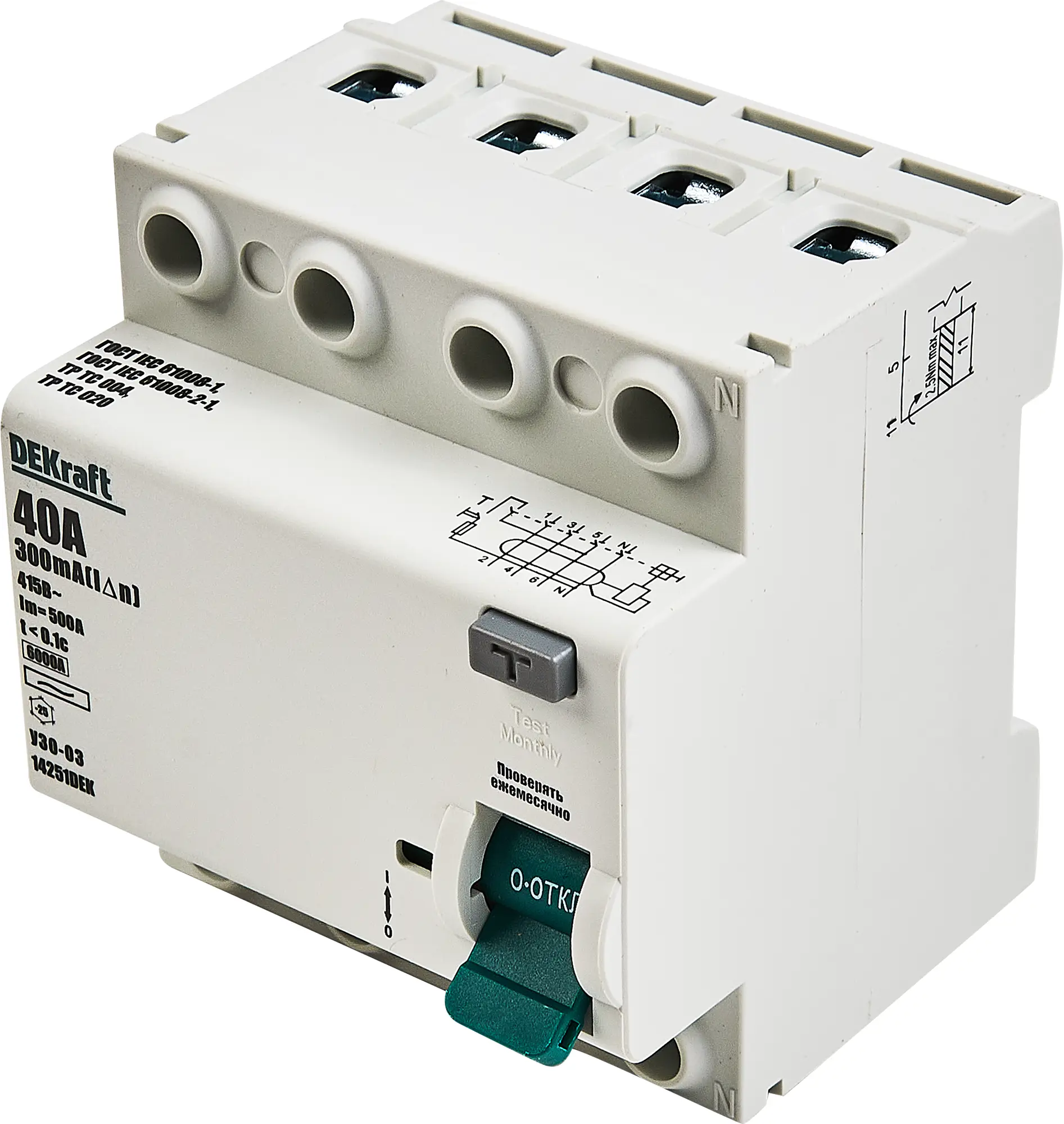 Изображение товара Устройство защитного отключения (УЗО) Dekraft ВДТ УЗО-03, 4P, 40 А, 300 мА, 6 кА