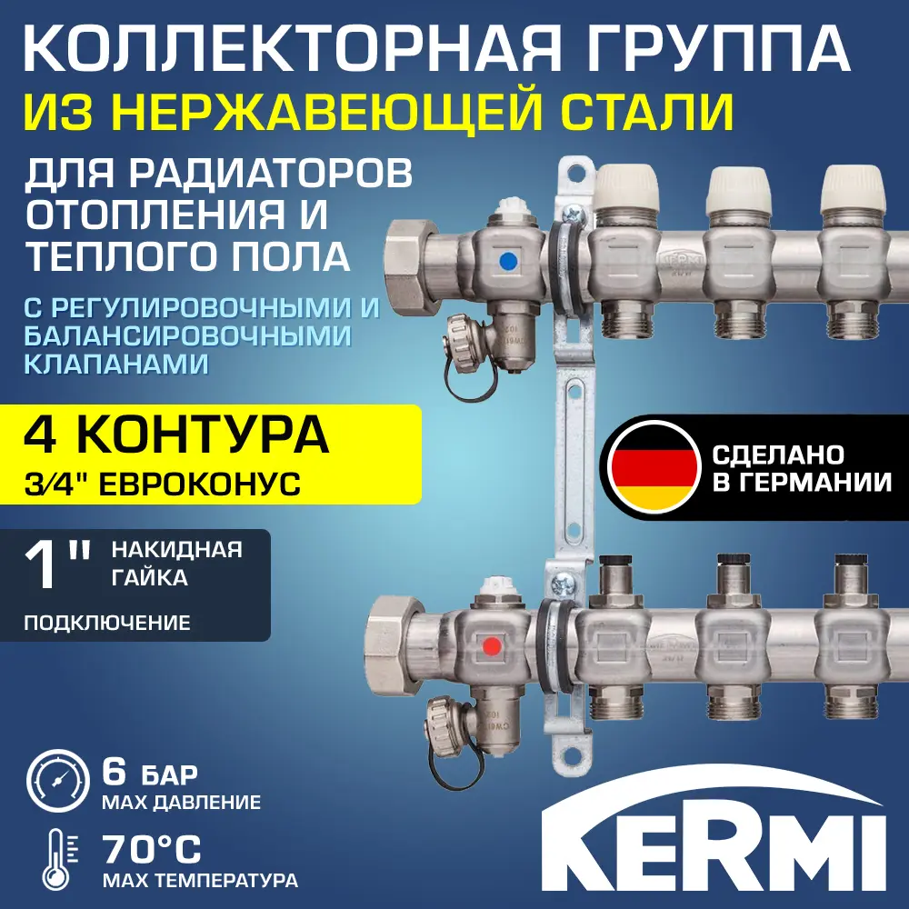 Изображение товара Коллекторная группа для теплого пола Kermi SFV04001000 1"x3/4" евроконус 4 выхода нержавеющая сталь