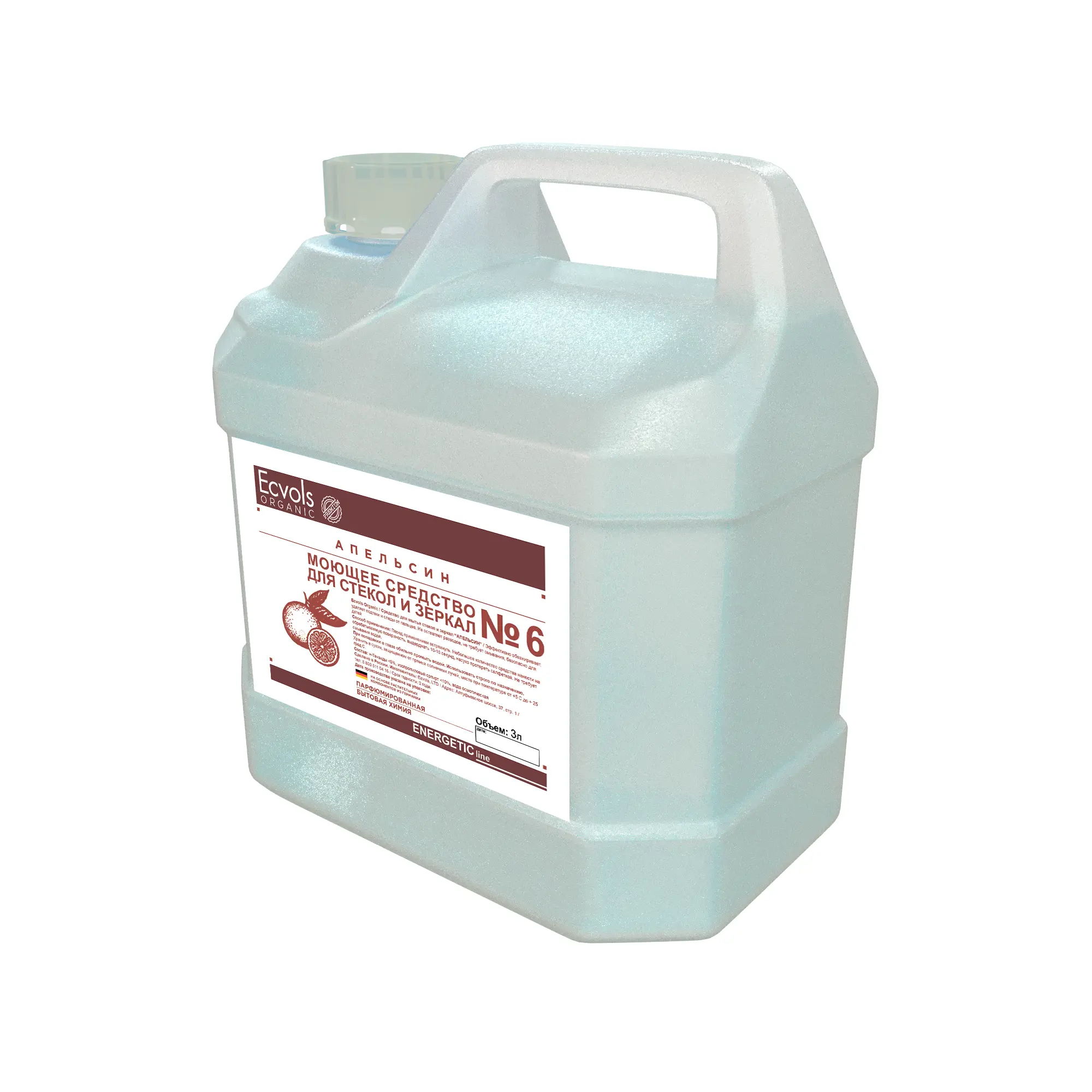 Изображение товара Средство для мытья стекол и зеркал Ecvols №6 апельсин 3 л