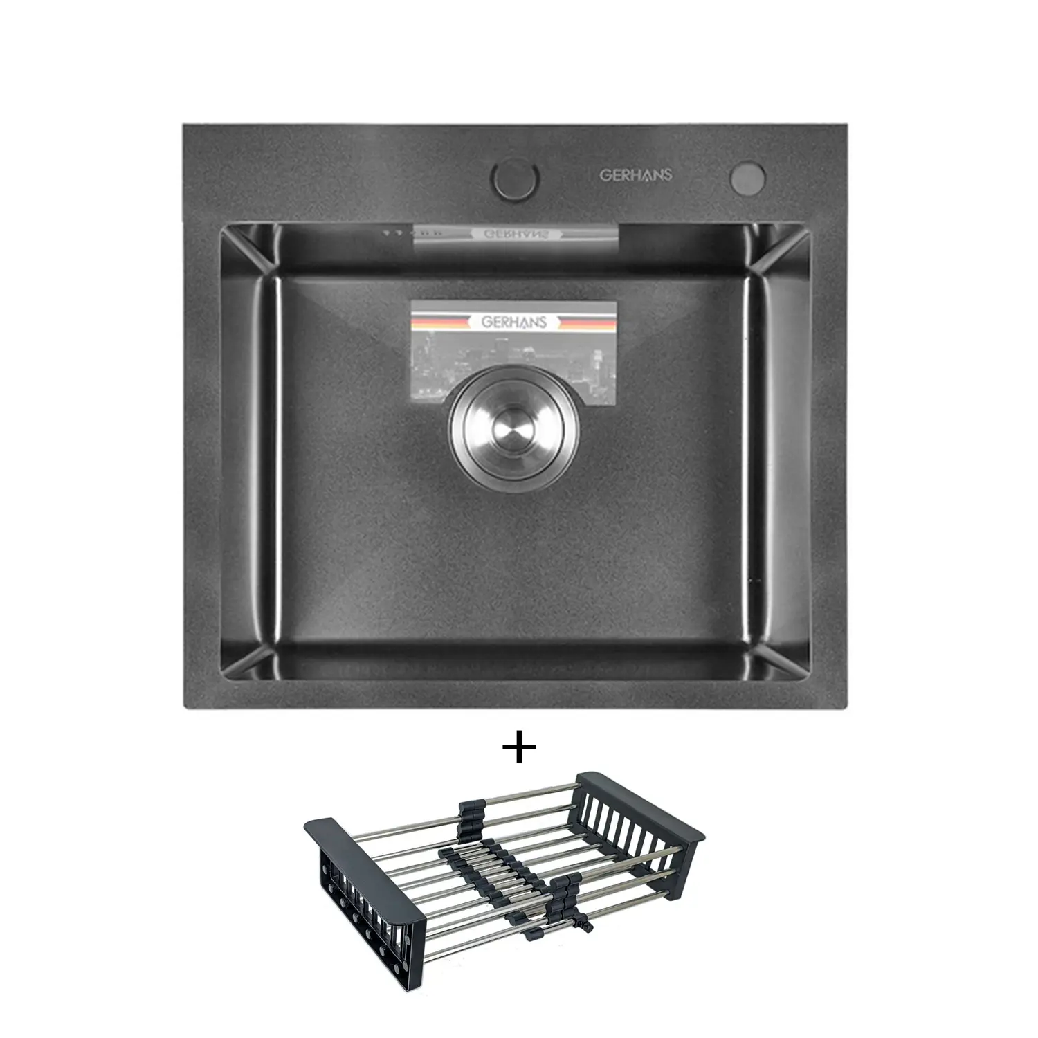 Изображение товара Мойка для кухни врезная с корзиной для сушки Gerhans K35044 44x50 см глубина чаши 20 см нержавеющая сталь цвет графит