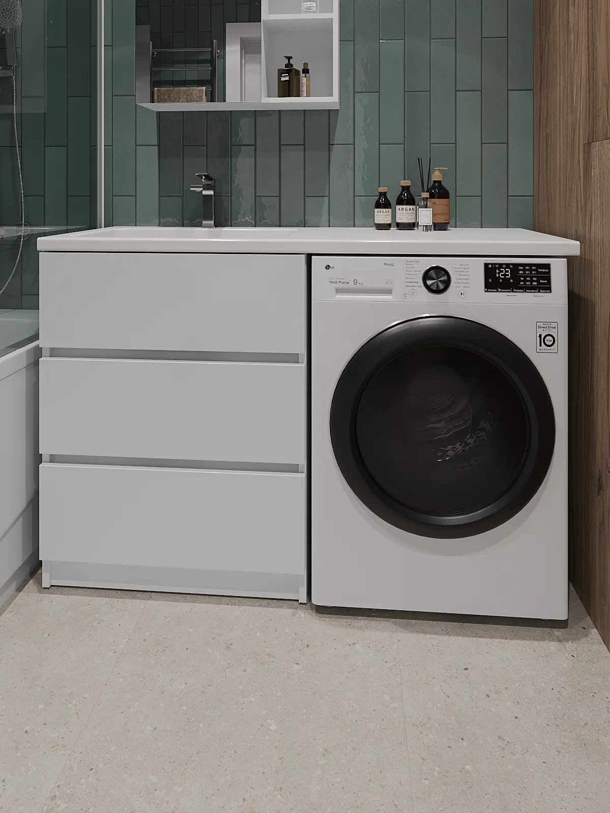 Изображение товара Тумба с левой раковиной Topline Op FOPTU1300W-RL напольная 130 см под стиральную машину, цвет белый глянец