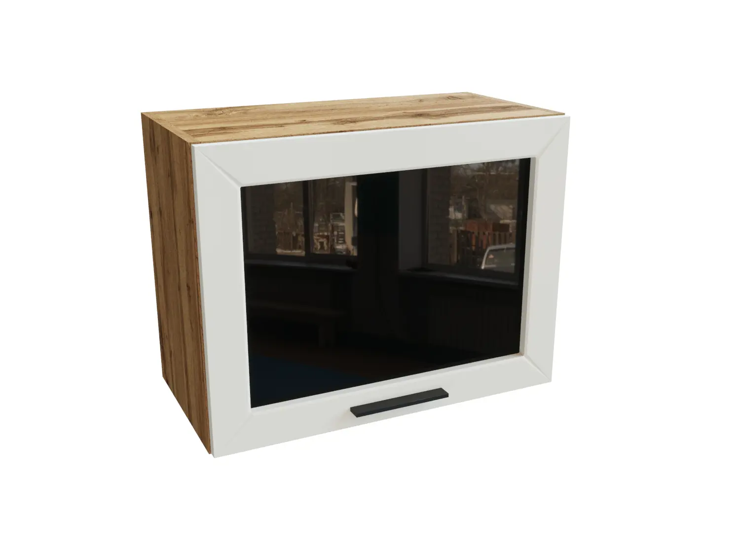 Изображение товара Навесной шкаф Глетчер верхний горизонтальный со стеклом 60x46x31.80 см фасад белый ЛДСП каркас дуб вотан ЛДСП Сурская Мебель