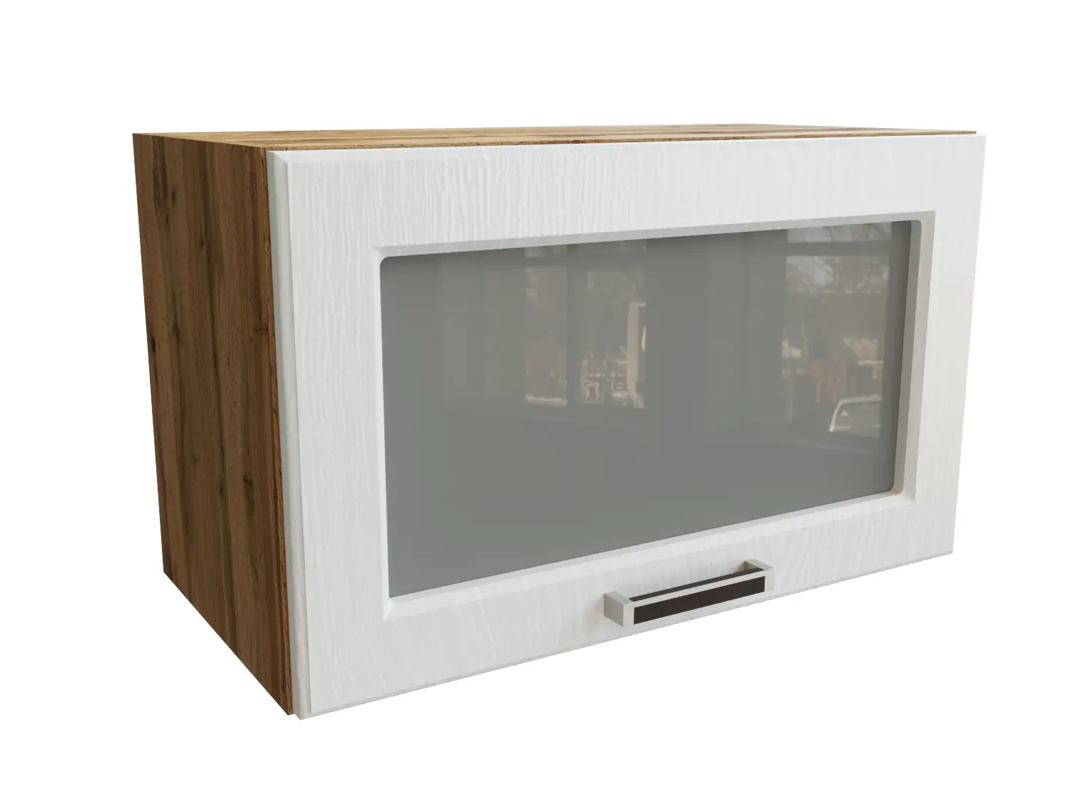 Изображение товара Навесной шкаф Прага верхний горизонтальный со стеклом 60x35.80x31.80 см фасад белый МДФ каркас дуб вотан МДФ Сурская Мебель