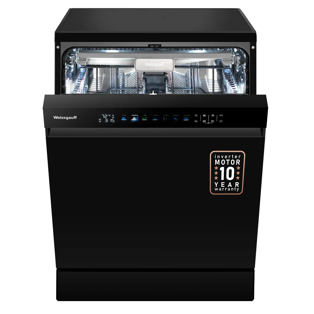 Изображение товара Отдельностоящая посудомоечная машина Weissgauff DW 6160 Inverter Real Touch AutoOpen 59.8 см 7 программ цвет черный