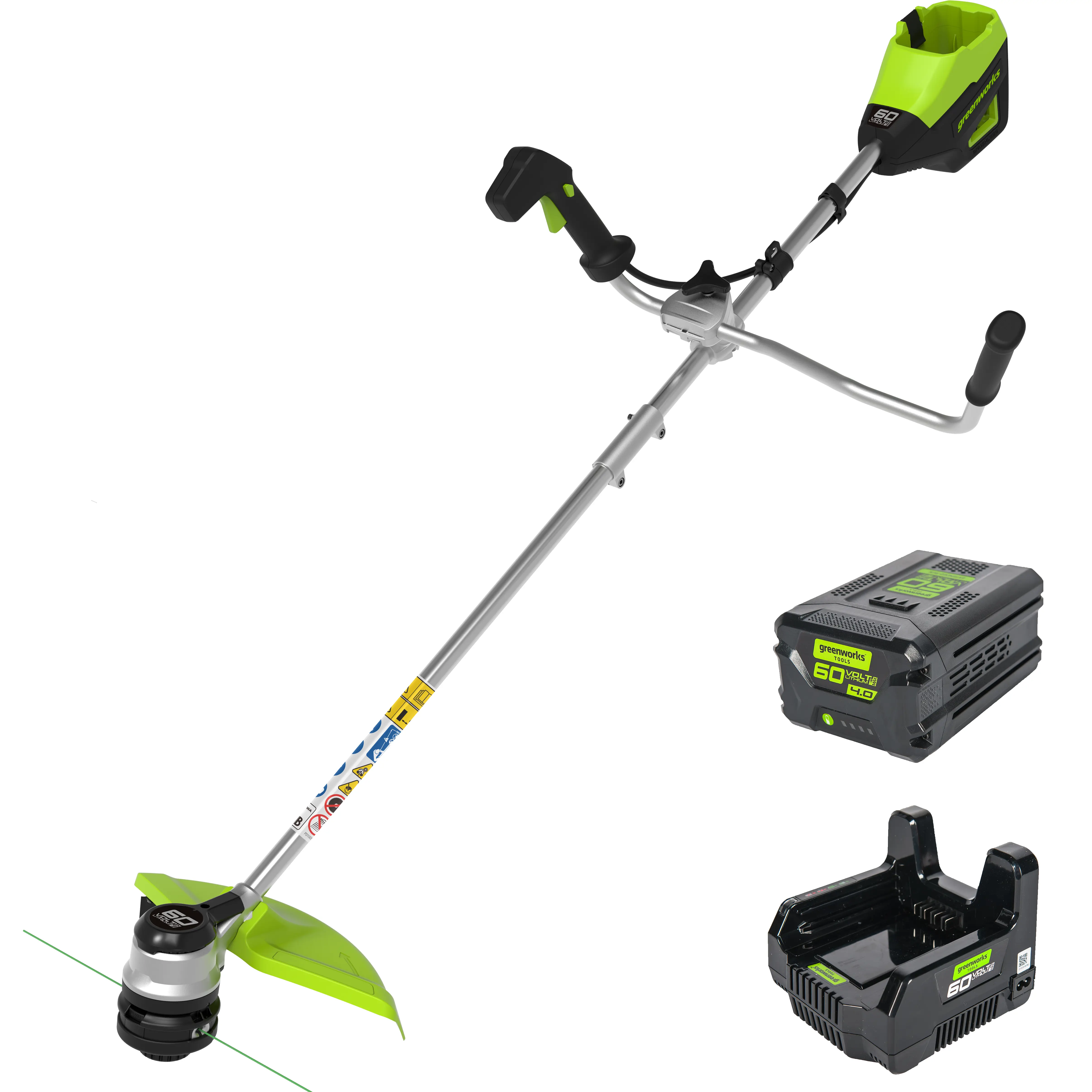 Изображение товара Аккумуляторный триммер GreenWorks 60 В 2108407UB с аккумулятором и ЗУ в комплекте