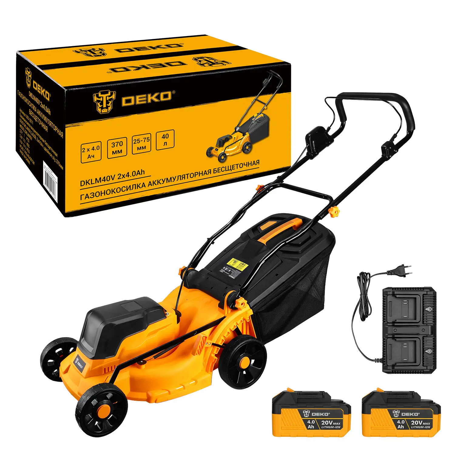 Изображение товара Газонокосилка аккумуляторная бесщёточная Deko Dklm40v 20 В 37 см 2x4 Ач АКБ и ЗУ в комплекте