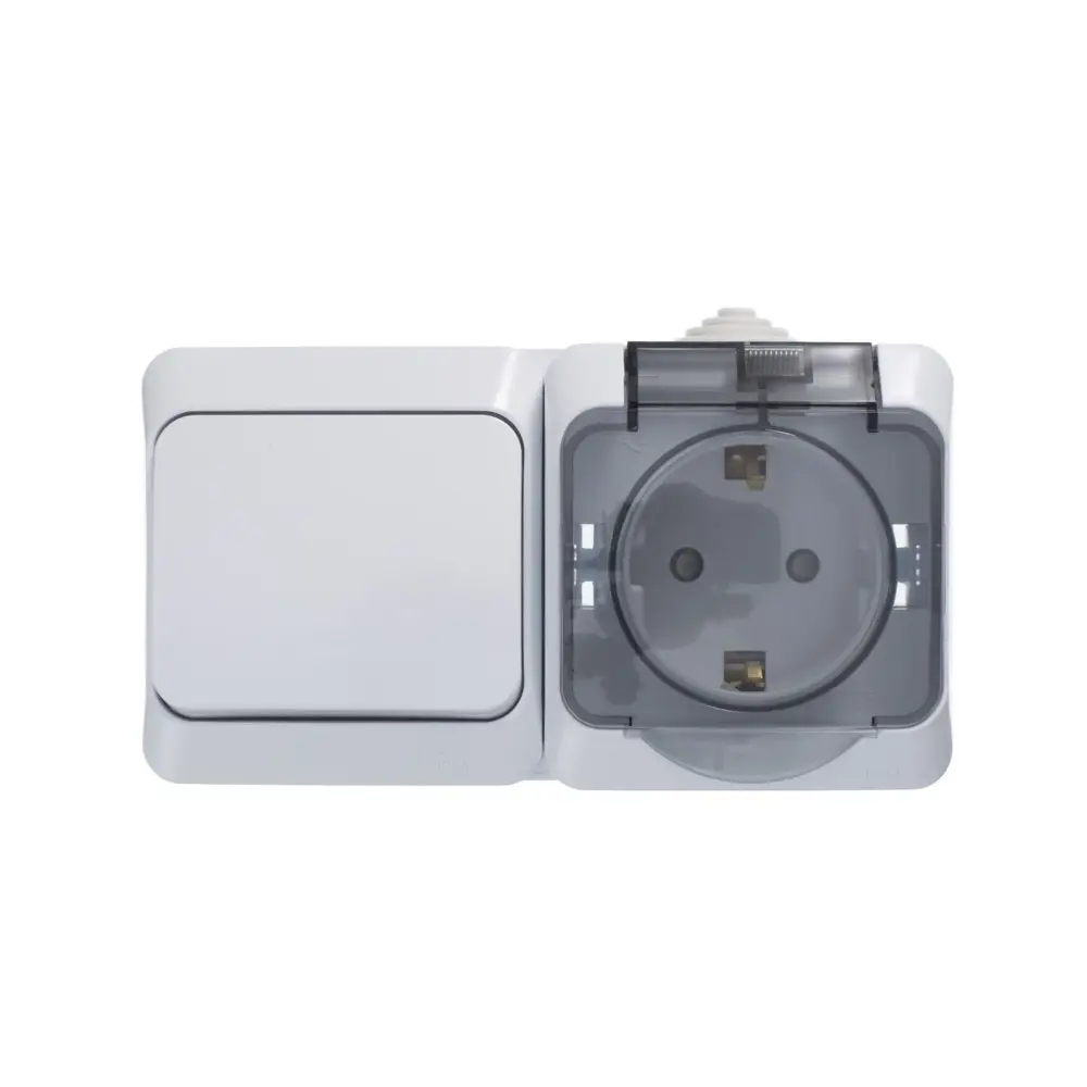 Изображение товара Розетка с выключателем накладные Systeme electric Этюд BPA16-241B с заземлением и шторками 1 клавиша цвет белый