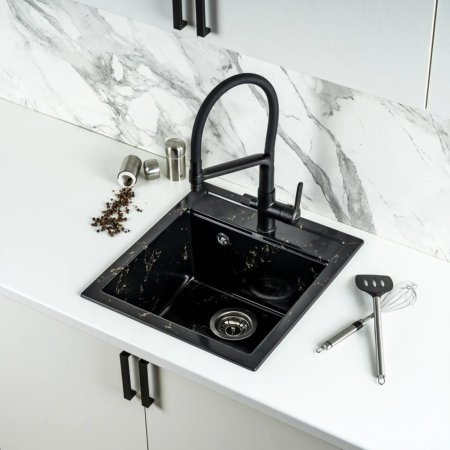 Изображение товара Мойка для кухни из искусственного камня Wisent WA45-14 Черно-золотой 450x500