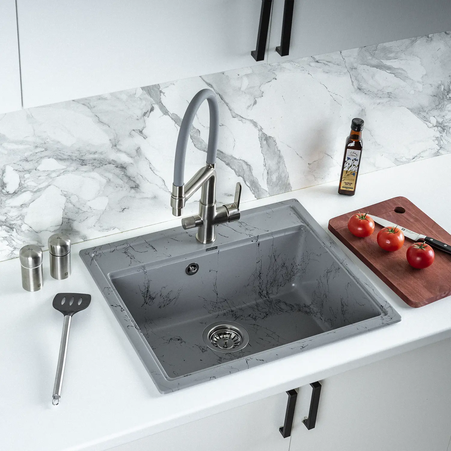 Изображение товара Мойка для кухни из искусственного камня Wisent WA12-16 Мрамор серо-черная 595х515 мм