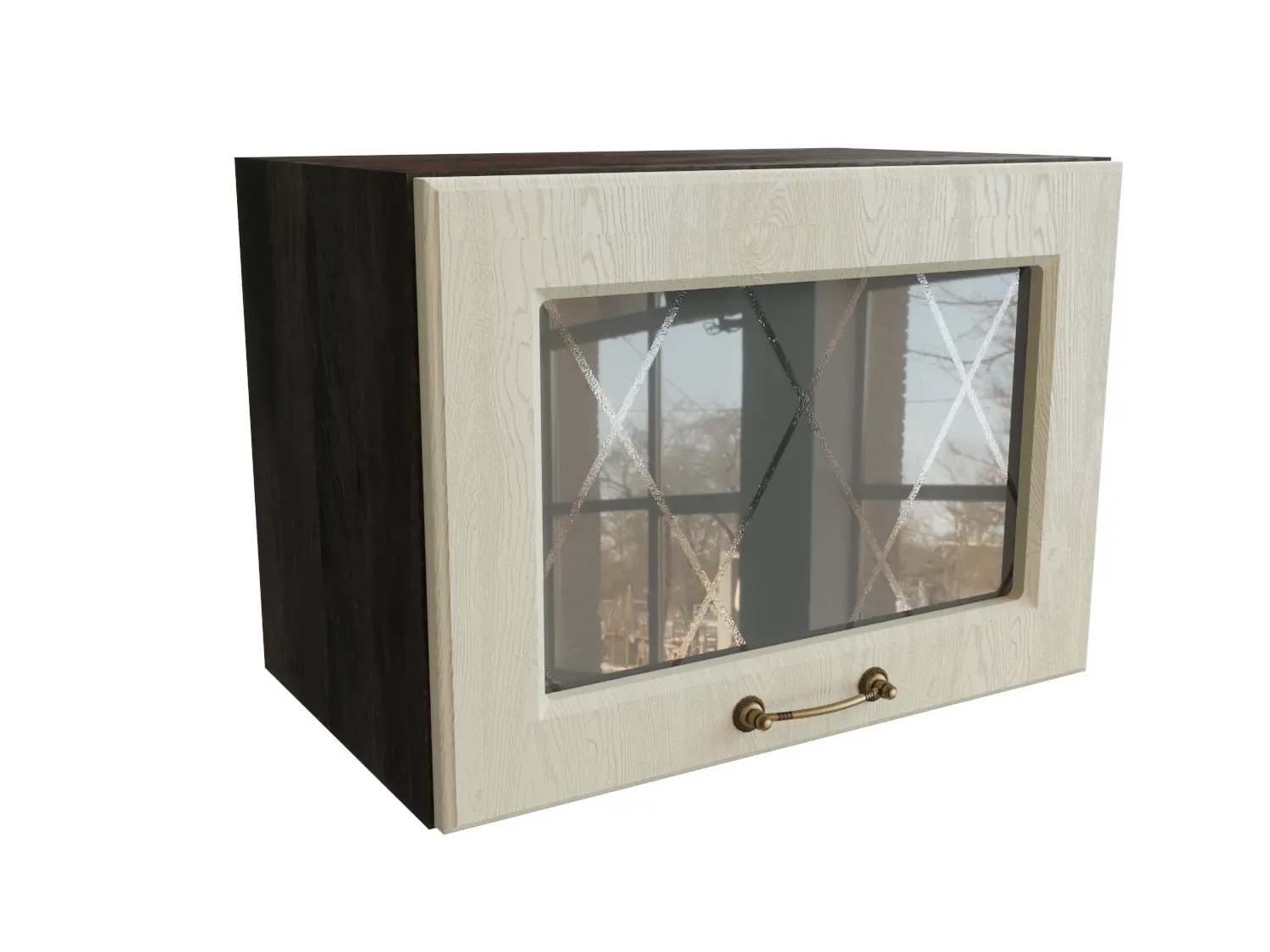 Изображение товара Навесной шкаф МС Ницца верхний горизонтальный 50x35.80x31.80 см со стеклом фасад кремовый МДФ каркас белый ЛДСП Сурская Мебель ММК-00017541