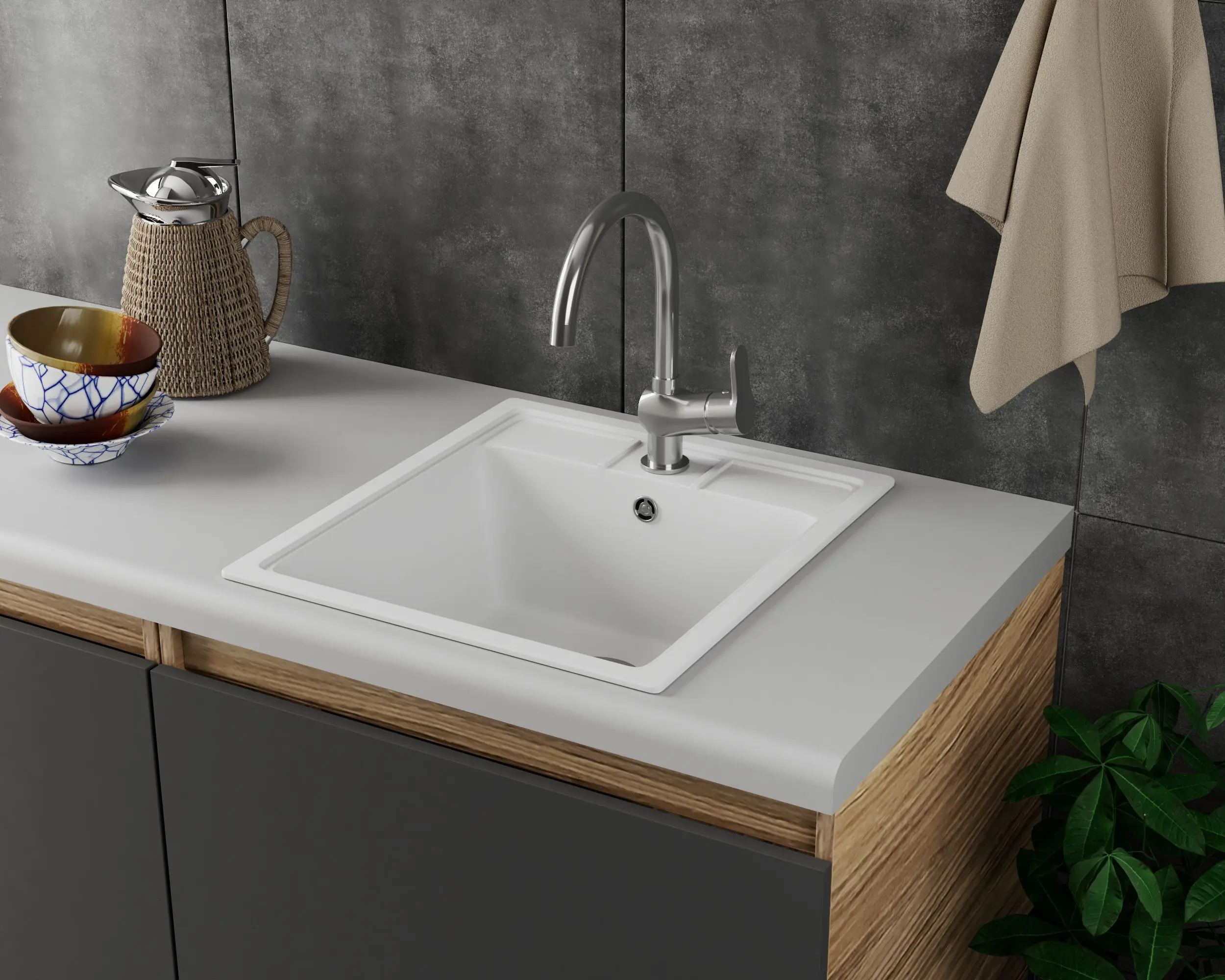 Изображение товара Мойка для кухни Bauedge GR0121 из искусственного камня с сифоном 50x45 см