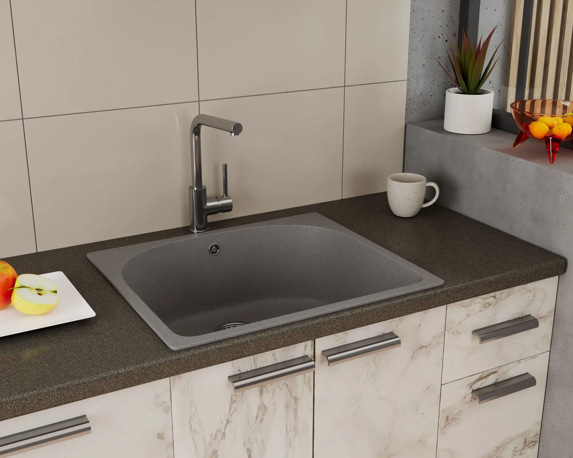 Изображение товара Мойка для кухни Bauedge Gr0136 24x53.50 см выпуск с сифоном в комплекте глубина чаши 22 см выпуск с сифоном в комплекте искусственный камень цвет темно-серый