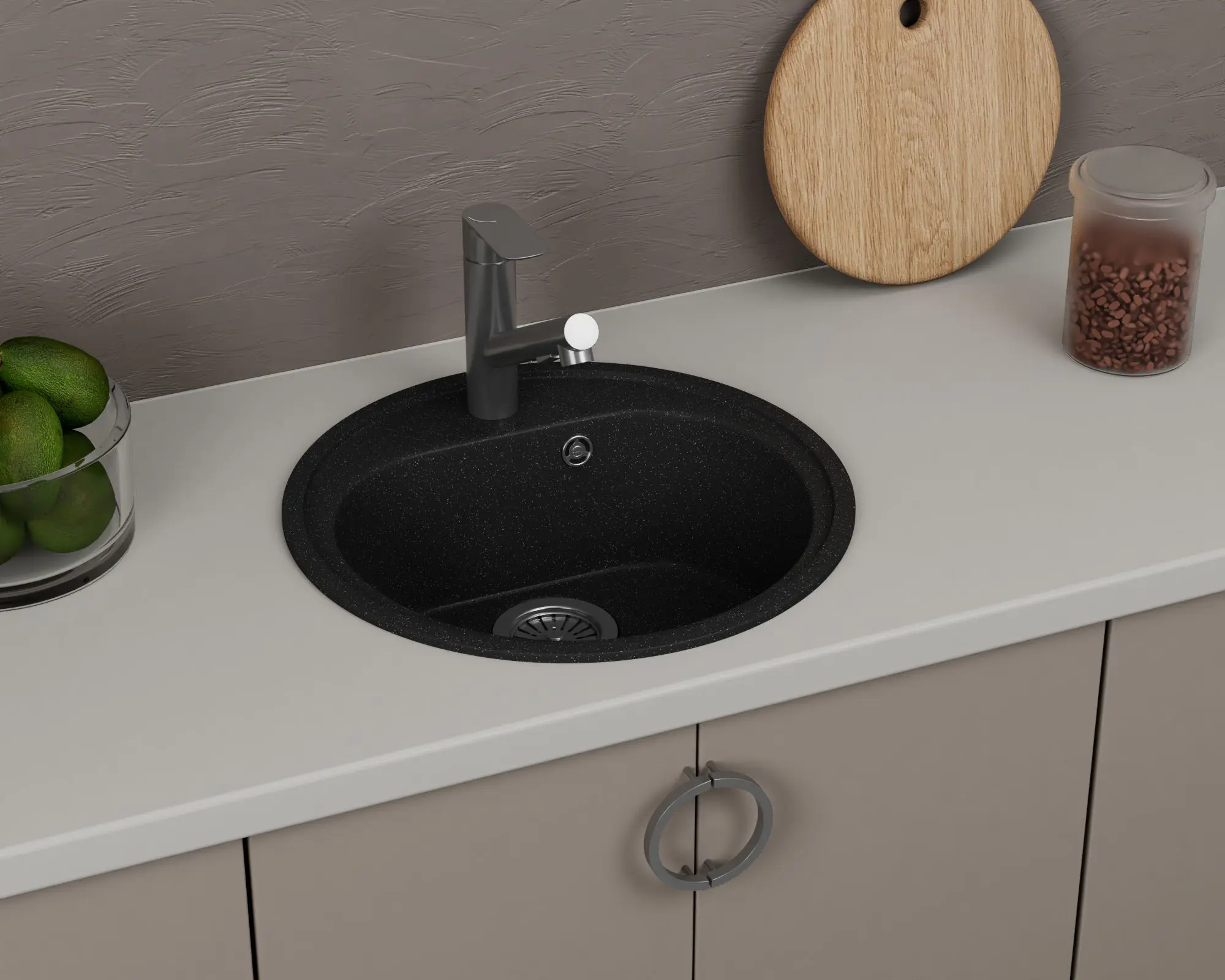 Изображение товара Мойка для кухни Bauedge Gr0103 20x44 см выпуск с сифоном в комплекте глубина чаши 18 см выпуск с сифоном в комплекте искусственный камень цвет черный