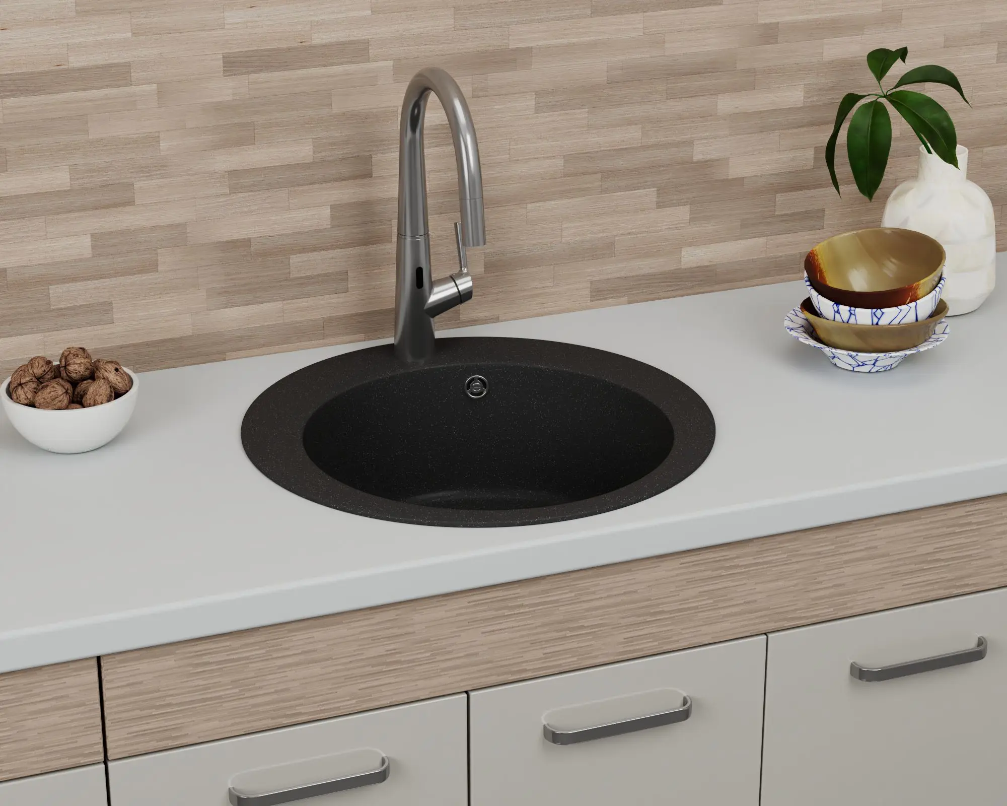 Изображение товара Мойка для кухни Bauedge Gr0111 22x50 см выпуск с сифоном в комплекте глубина чаши 20 см выпуск с сифоном в комплекте искусственный камень цвет черный