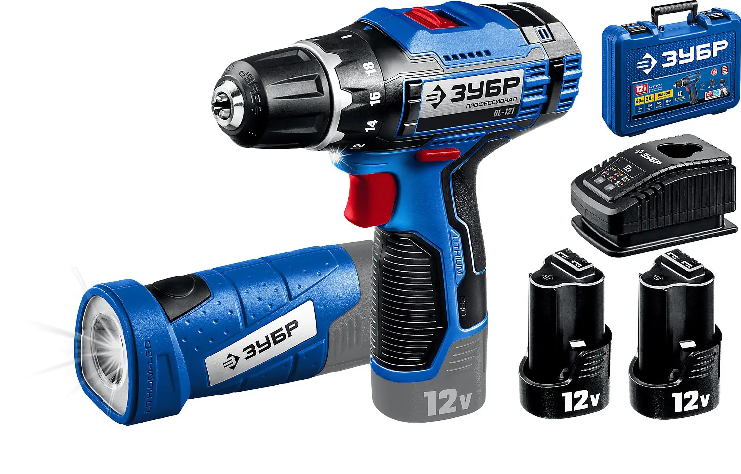 Изображение товара Аккумуляторная дрель-шуруповерт Зубр DL-121-22F, 12 В Li-Ion 2x2 Ач