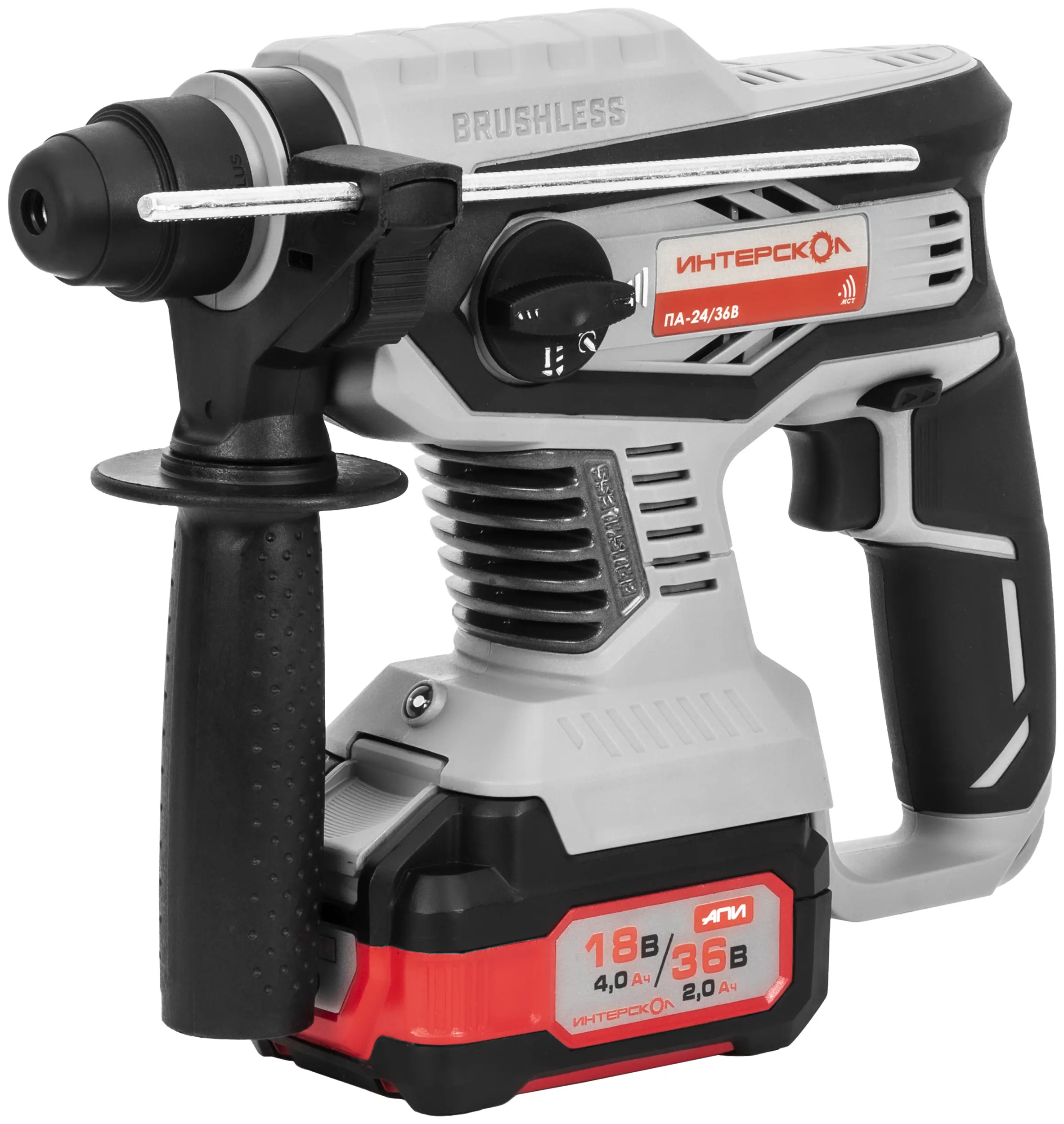 Изображение товара Аккумуляторный перфоратор SDS-plus Интерскол ПА24/36В 2x2 Ач 2.2 Дж, бесщеточный, 3 режима