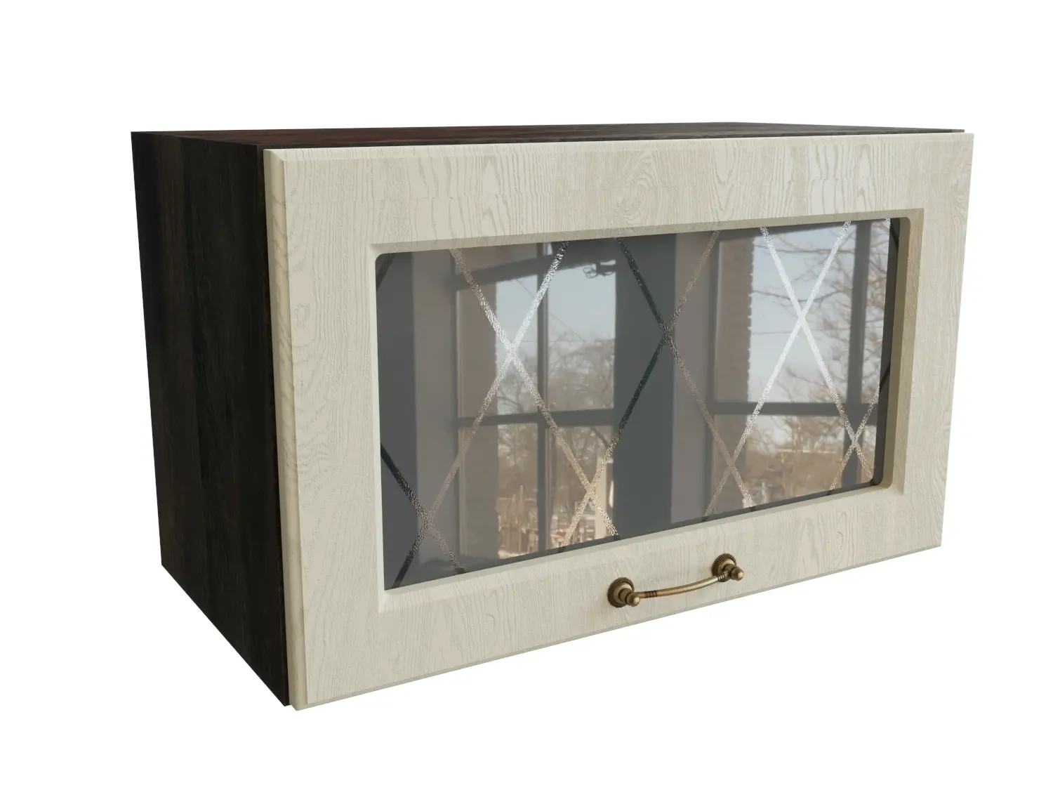 Изображение товара Навесной шкаф МС Ницца верхний горизонтальный со стеклом 60x31.80x31.80 см фасад кремовый МДФ каркас белый ЛДСП Сурская Мебель