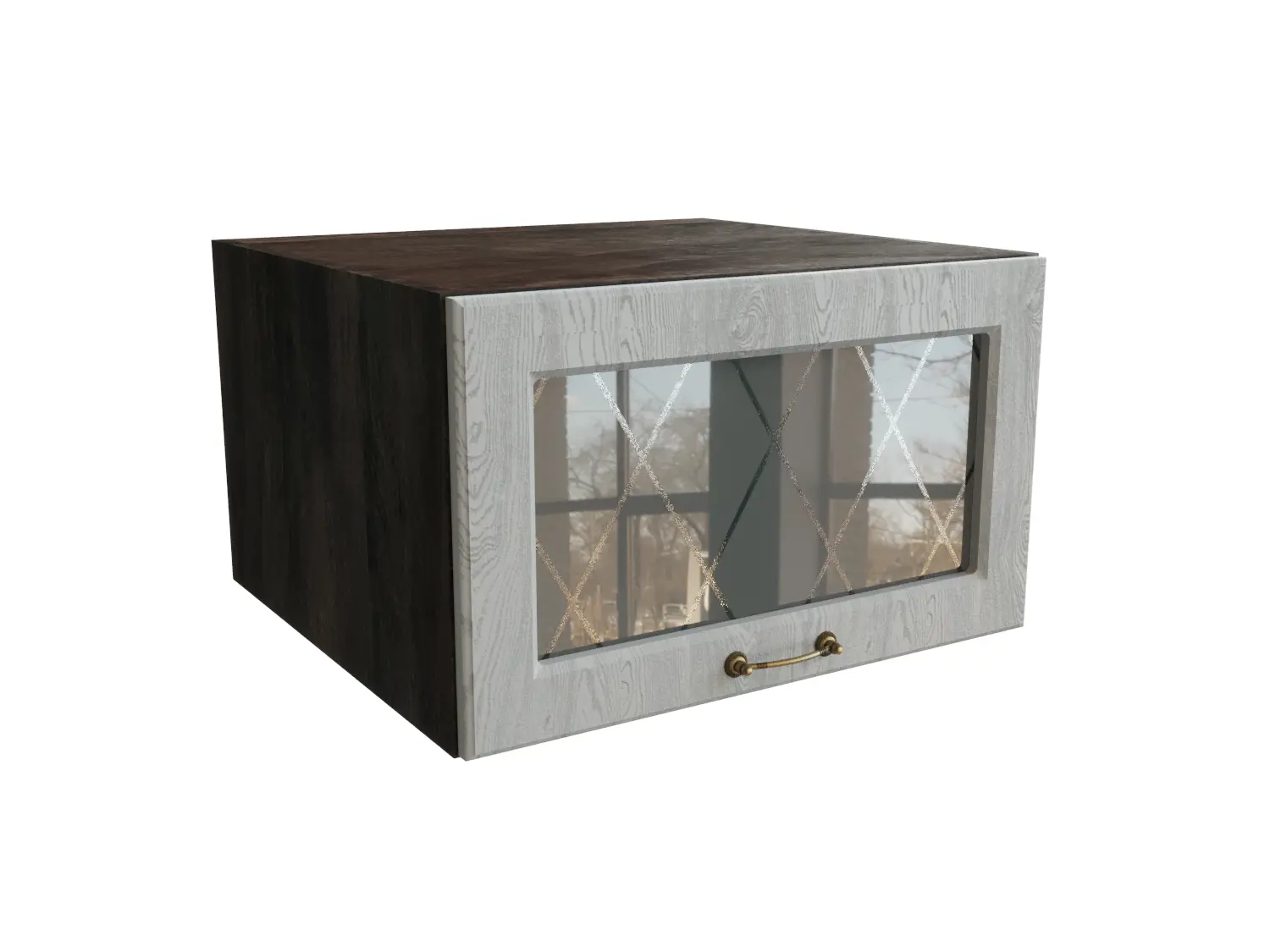 Изображение товара Навесной шкаф МС Ницца верхний горизонтальный со стеклом 60x35.80x57.40 см фасад серый МДФ каркас серый дуб ЛДСП Сурская Мебель