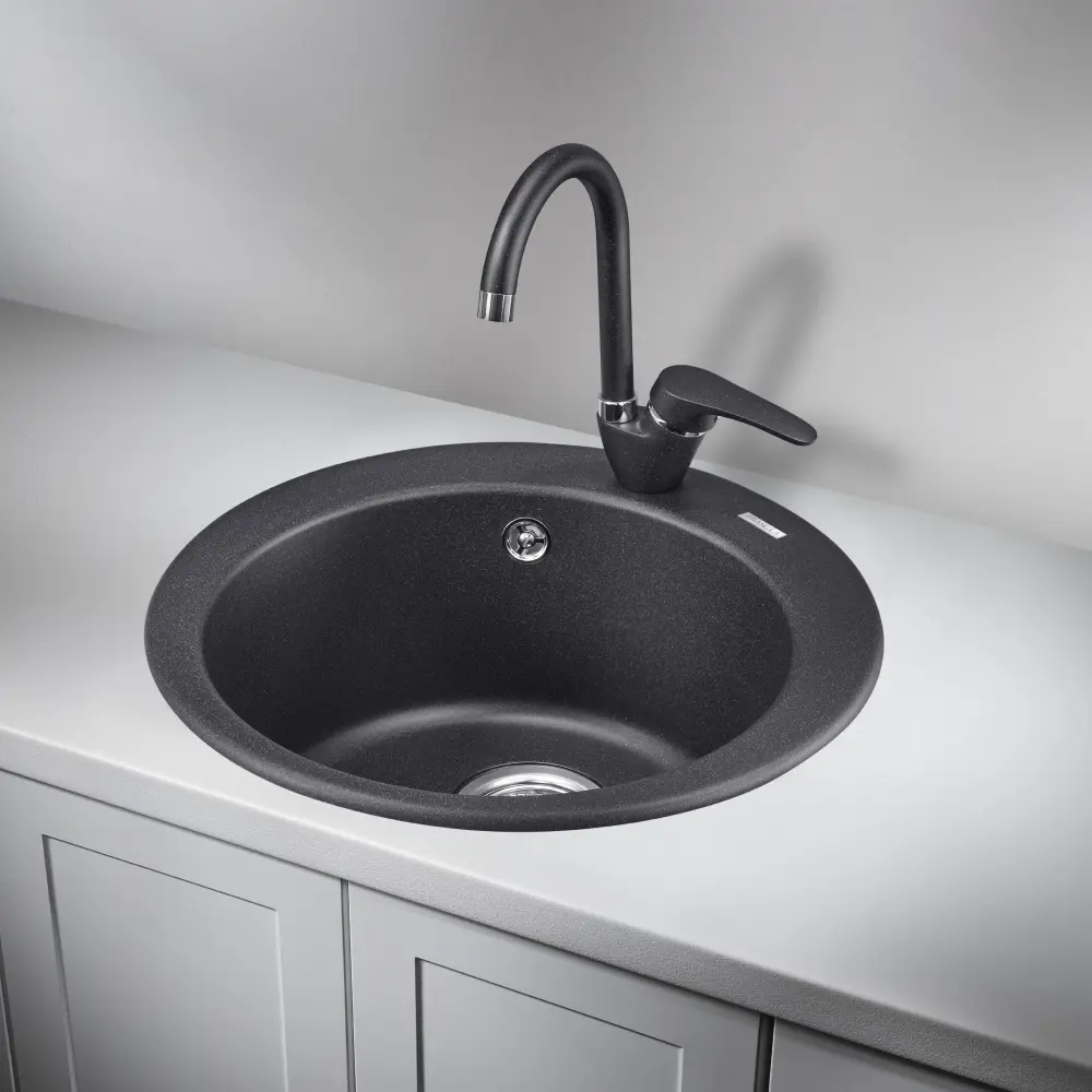 Изображение товара Мойка для кухни врезная Granula GR-4801 47.5x47.5 см глубина чаши 18.5 см кварц цвет черный матовый/черный мрамор