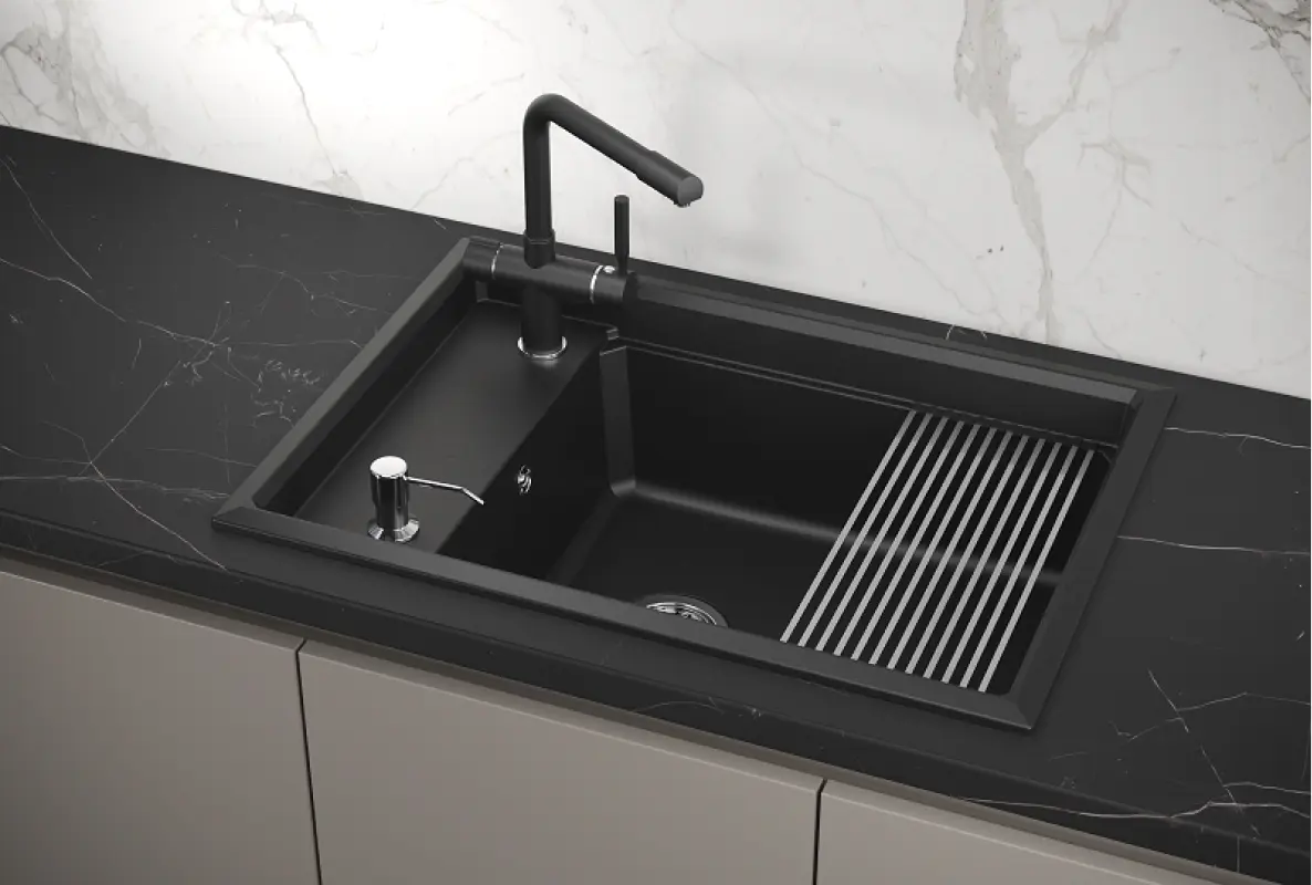 Изображение товара Мойка для кухни врезная с дозатором Granula KS-7305 51x73 см глубина чаши 24.5 см кварц цвет черный матовый/черный металлик