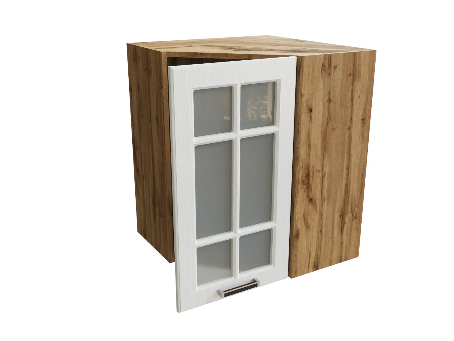 Изображение товара Навесной шкаф Прага угловой со стеклом 59.20x71.60x59.20 см фасад белый МДФ каркас дуб вотан МДФ Сурская Мебель
