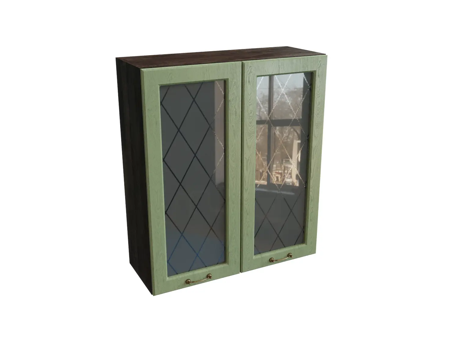 Изображение товара Навесной шкаф МС Ницца с 2 дверцами со стеклом 80x92x31.80 см фасад светло-зеленый МДФ каркас дуб ЛДСП Сурская Мебель