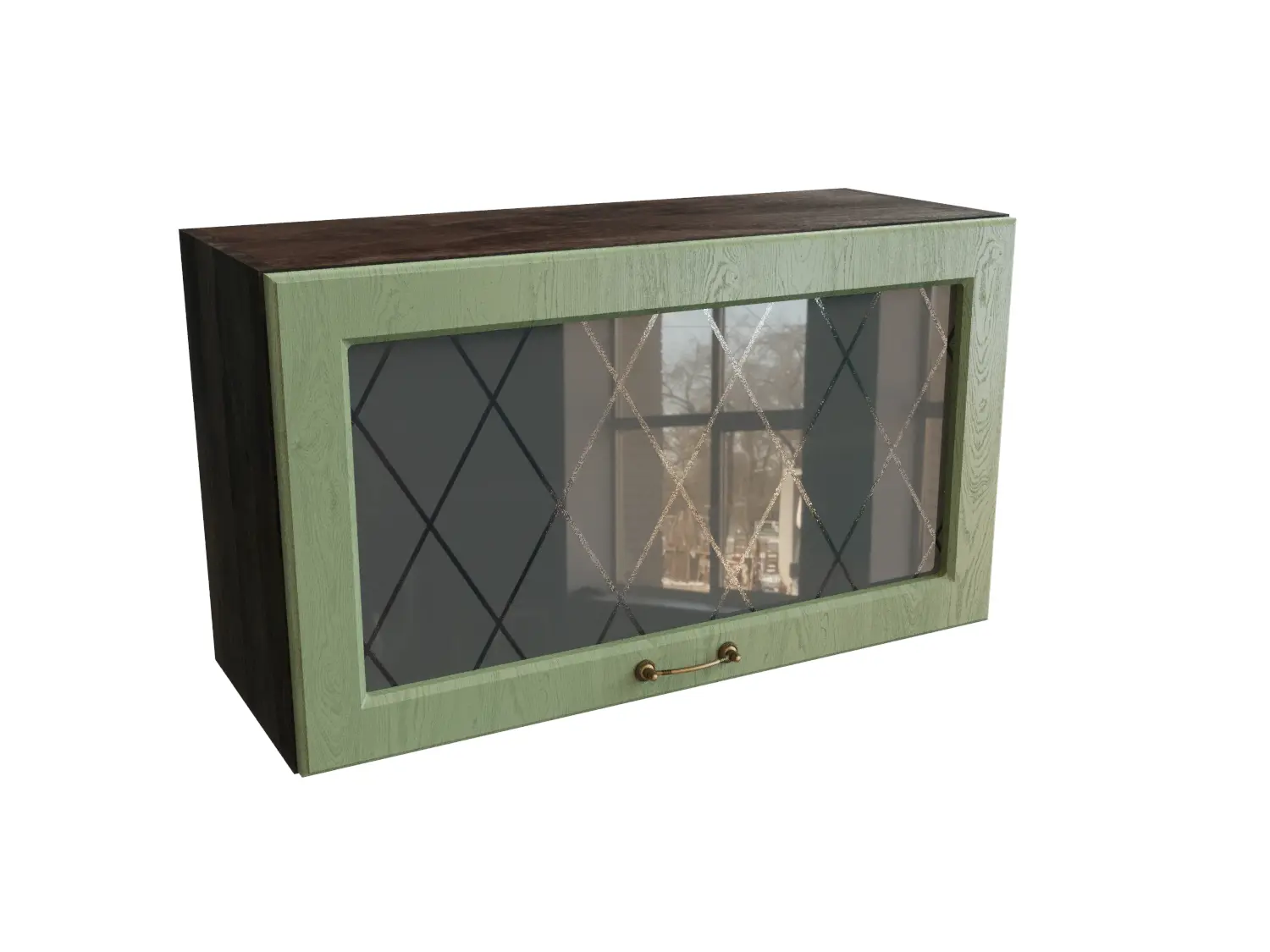 Изображение товара Навесной шкаф МС Ницца верхний горизонтальный со стеклом 80x35.80x31.80 см фасад светло-зеленый МДФ каркас дуб ЛДСП Сурская Мебель ММК-00017653