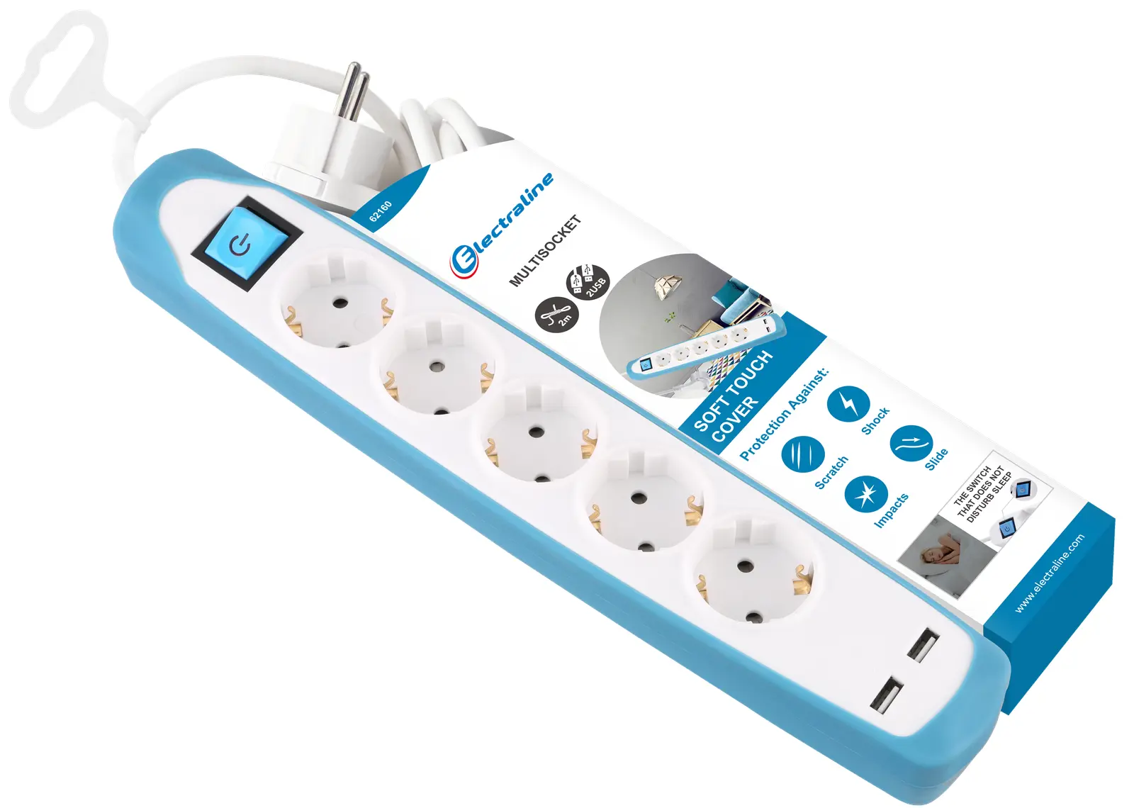 Изображение товара Удлинитель бытовой Electraline с 5 розетками и USB 2 порта 2 м белый