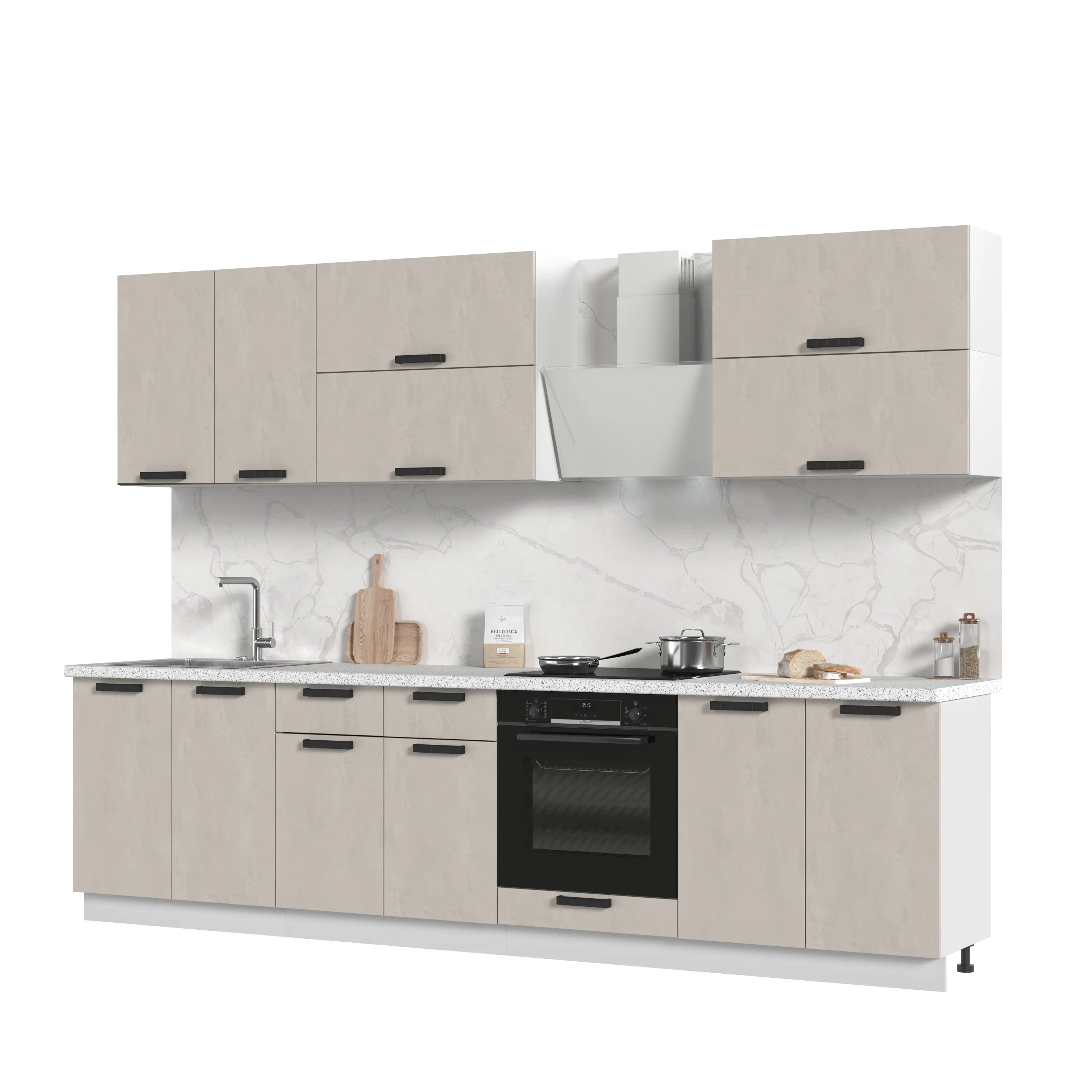 Изображение товара Кухонный гарнитур Стендмебель Пасаденна со столешницей Бийская сосна 300x217x60 см ЛДСП цвет белый/бежевый