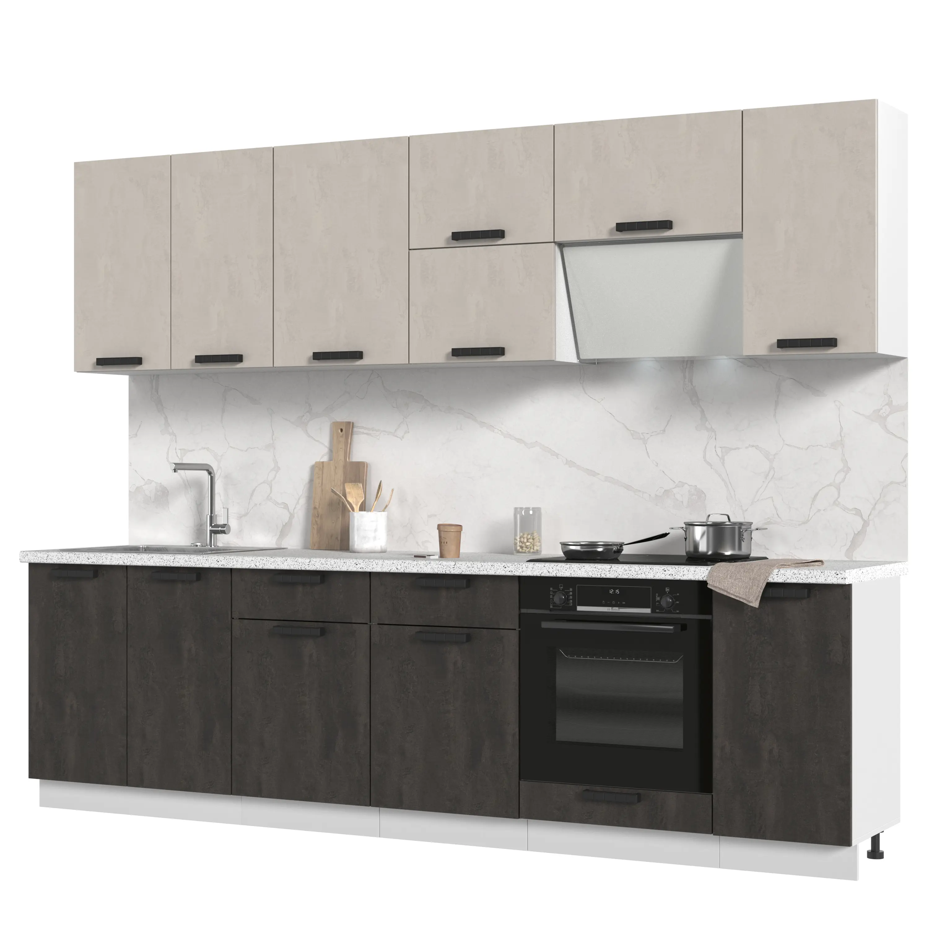 Изображение товара Кухонный гарнитур Стендмебель Пасаденна без столешницы 280x217x46 см ЛДСП цвет белый, бежевый, угольный камень