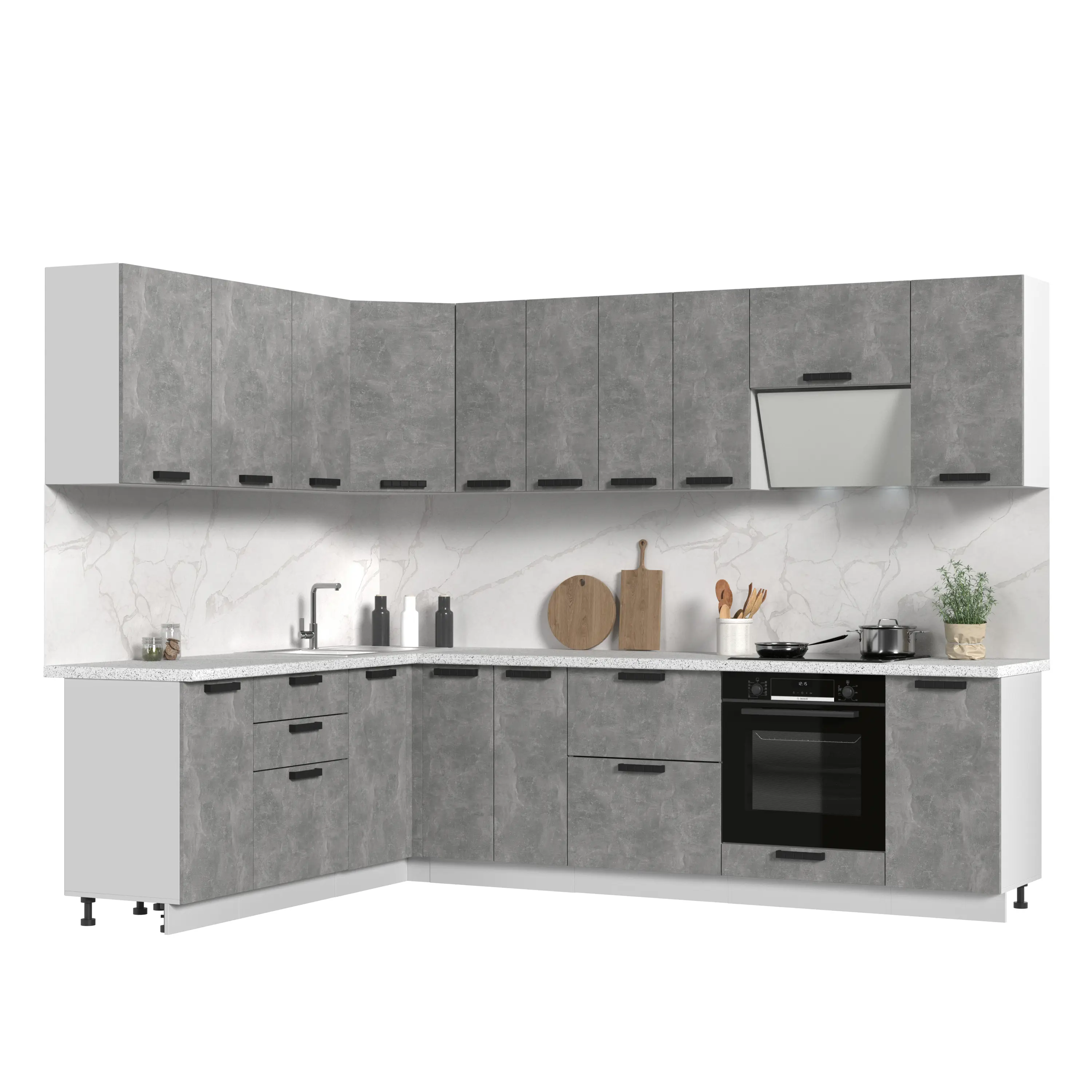 Изображение товара Кухонный гарнитур угловой Стендмебель Пасаденна со столешницей Лён 38мм 200x280x217x60см ЛДСП цвет ателье светлое