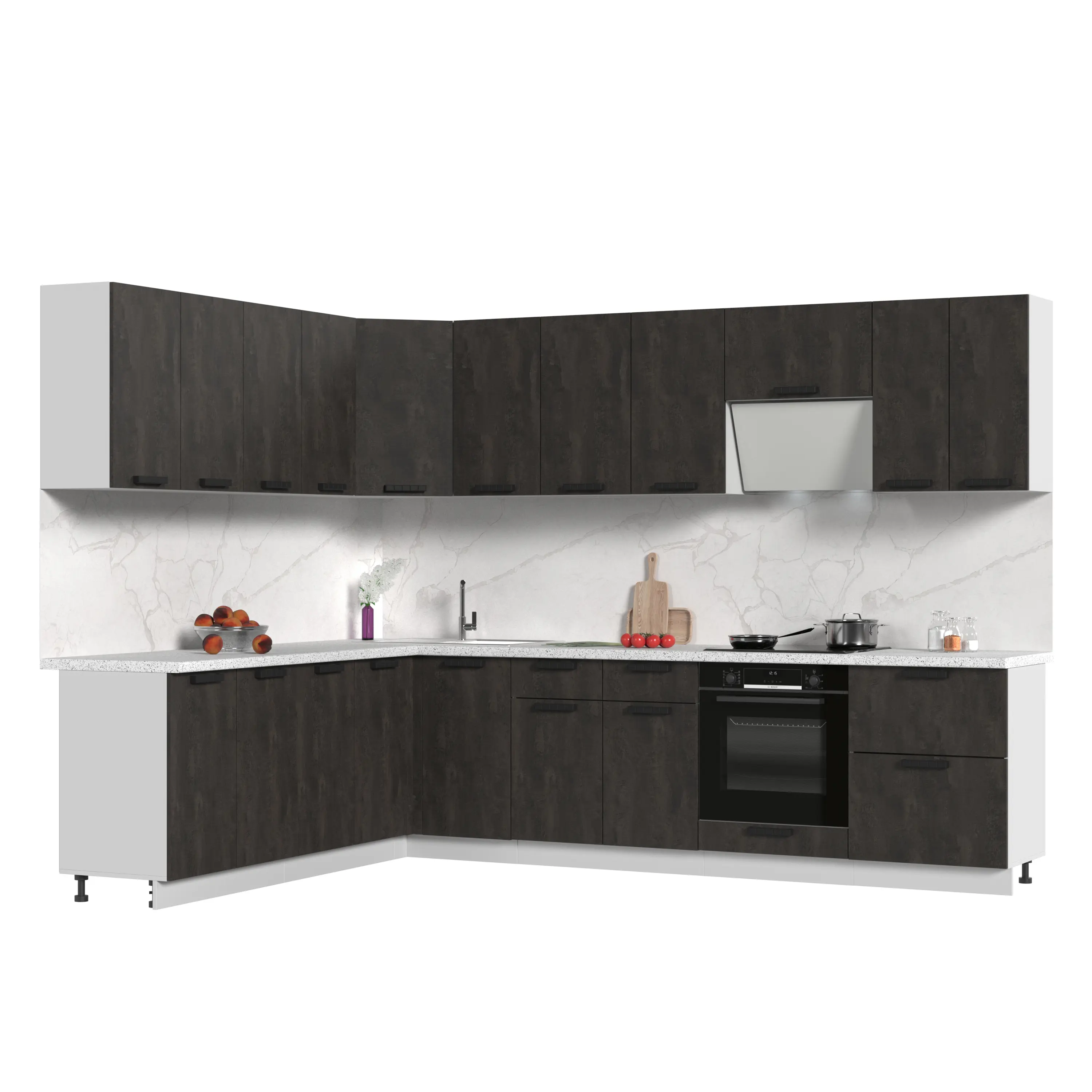 Изображение товара Кухонный гарнитур со столешницей Лён 2.6 см Стендмебель Пасаденна 300x217x60 см ЛДСП цвет угольный камень/белый