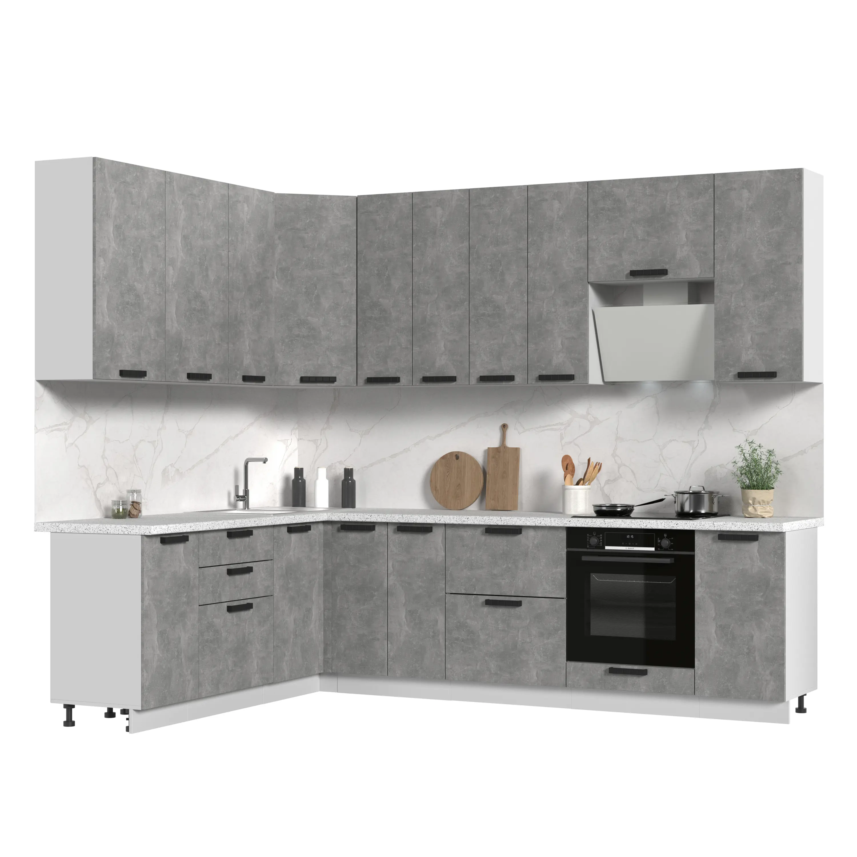 Изображение товара Кухонный гарнитур угловой Стендмебель Пасаденна со столешницей Лён 38мм 200x280x237x60см ЛДСП цвет ателье светлое