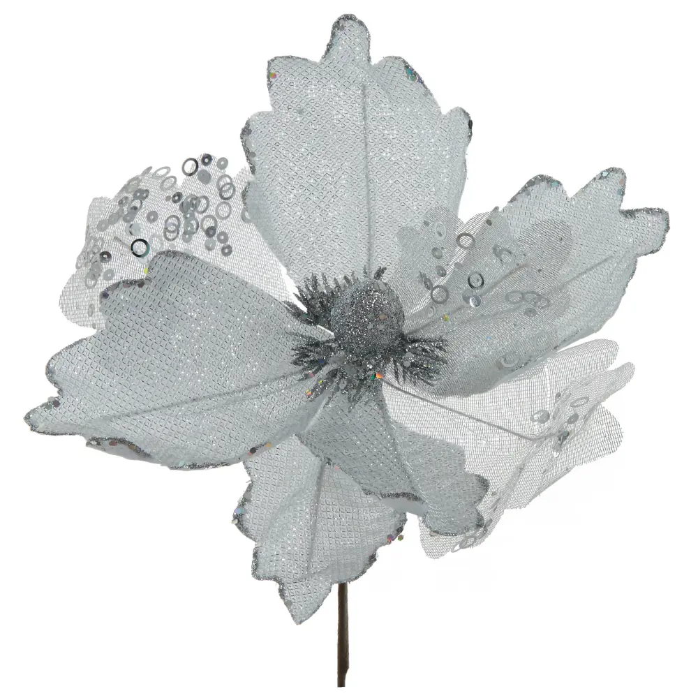 Изображение товара Новогоднее украшение цветок искусственный Магнолия 762521 ПВХ серебристый