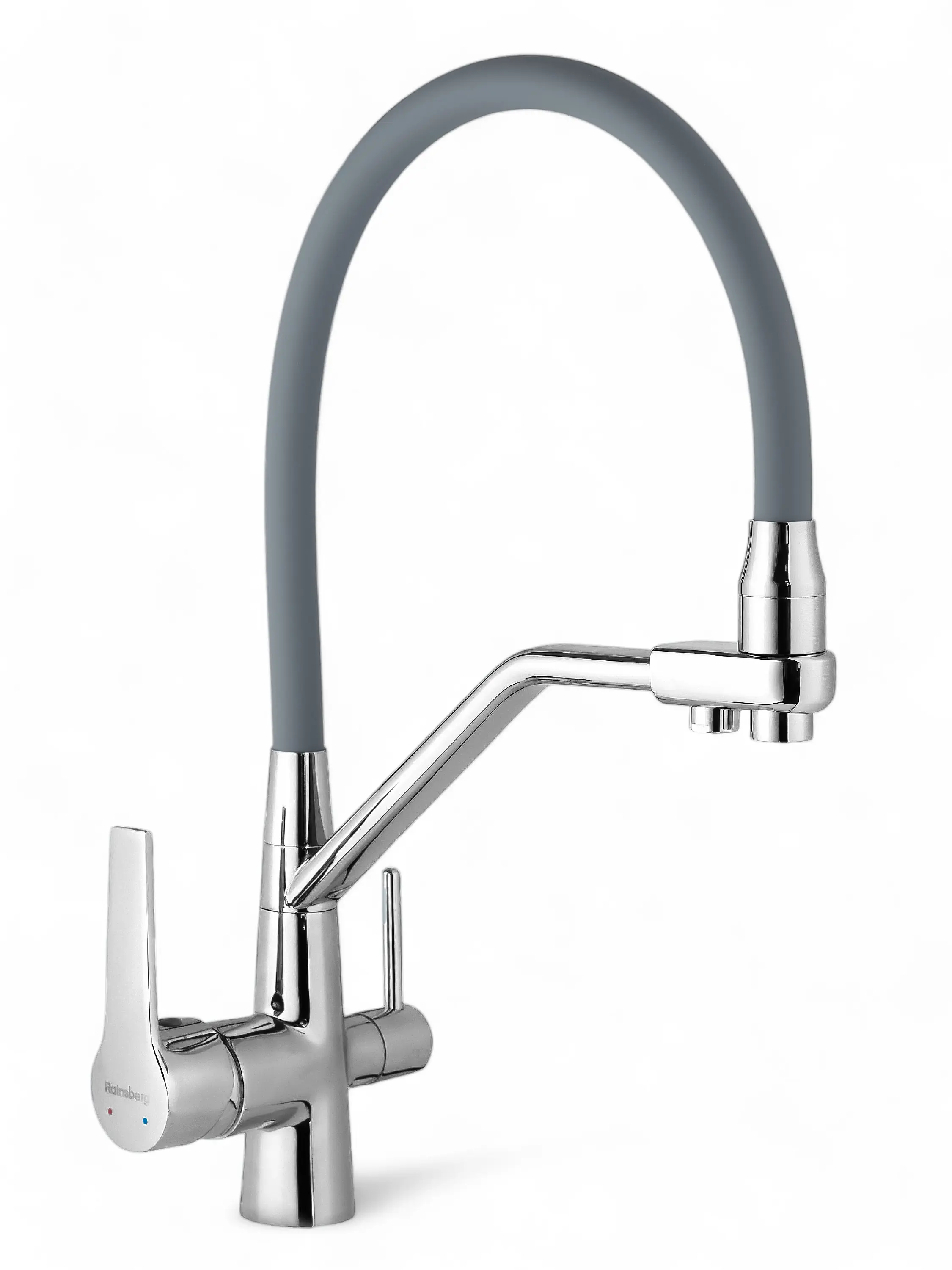 Изображение товара Смеситель для кухни Rainsberg R603 с фильтром для питьевой воды силиконовый гибкий излив 21 см цвет хром/ серый