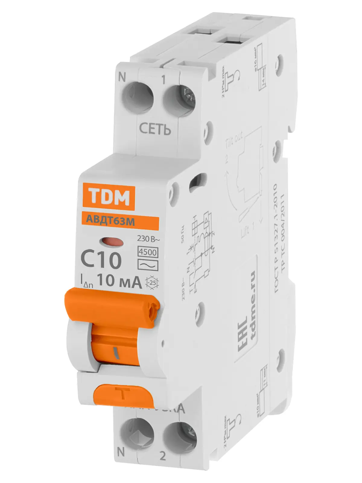 Изображение товара Дифференциальный автомат TDM Electric 63М 2P N C10 А 10 мА 4.5 кА АС