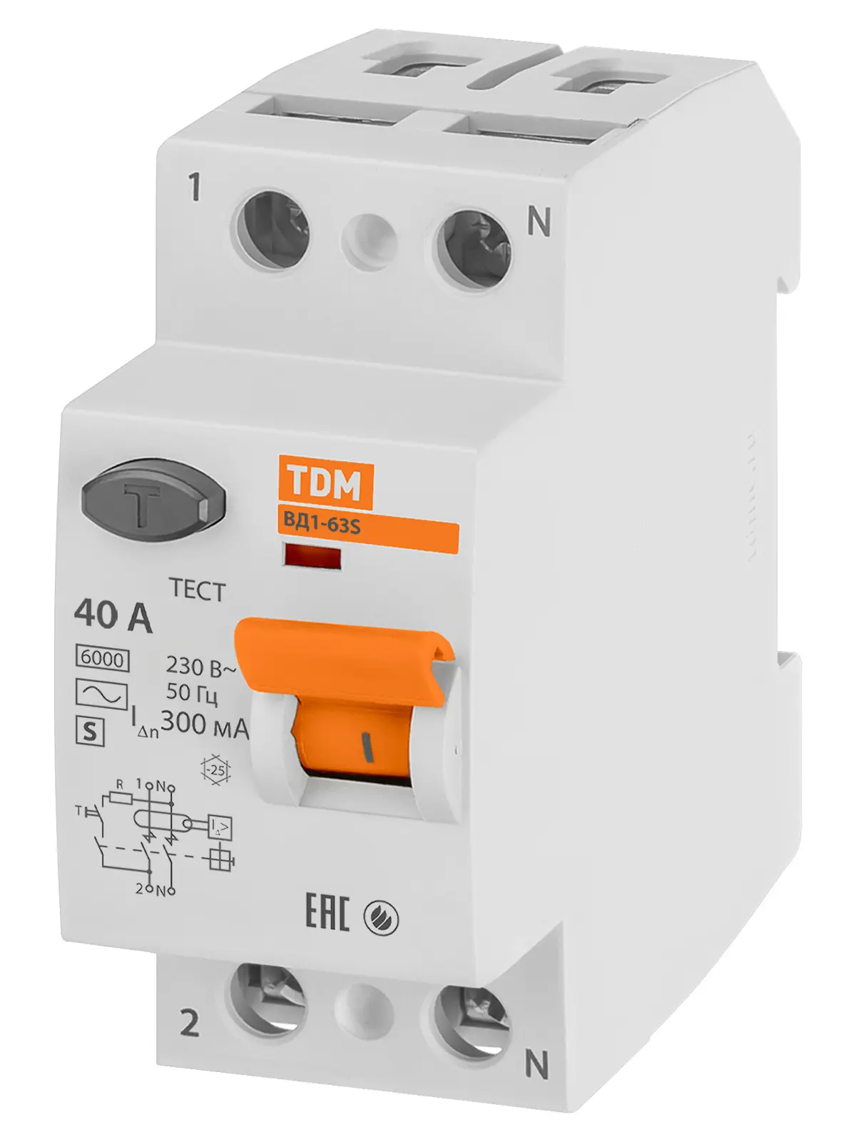 Изображение товара УЗО TDM Electric ВД1-63S 2Р 40 А 300 мА 6 кА AC