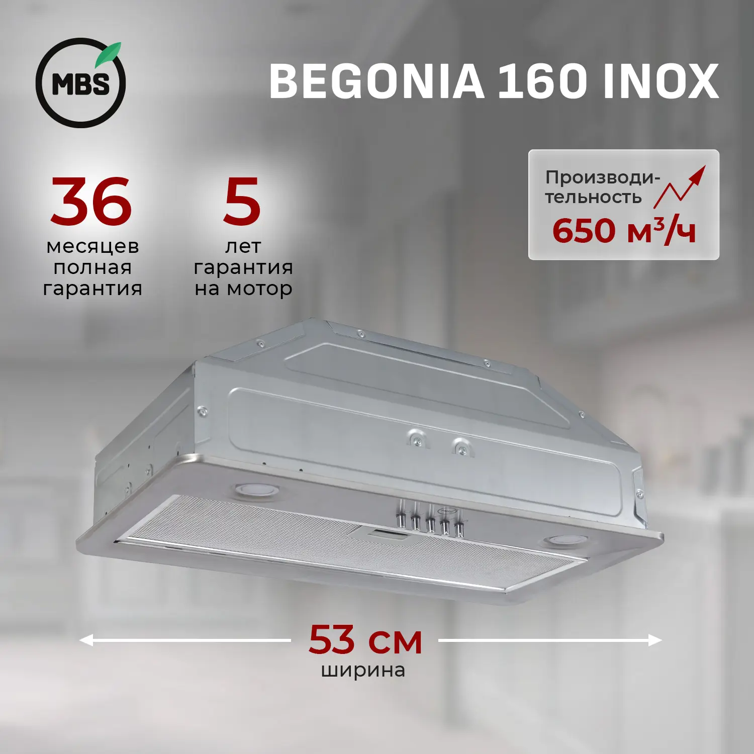 Изображение товара Встраиваемая вытяжка Mbs Begonia 160 inox 60 см цвет металлик