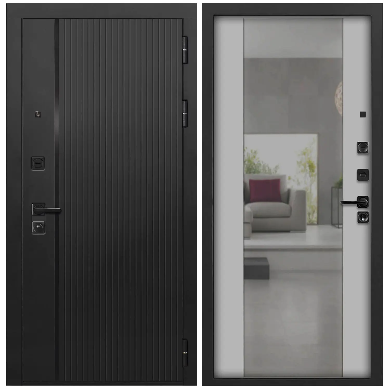 Изображение товара Входная дверь Дверипро L-45 205x86см левый цвет ясень грей черный кварц с зеркалом