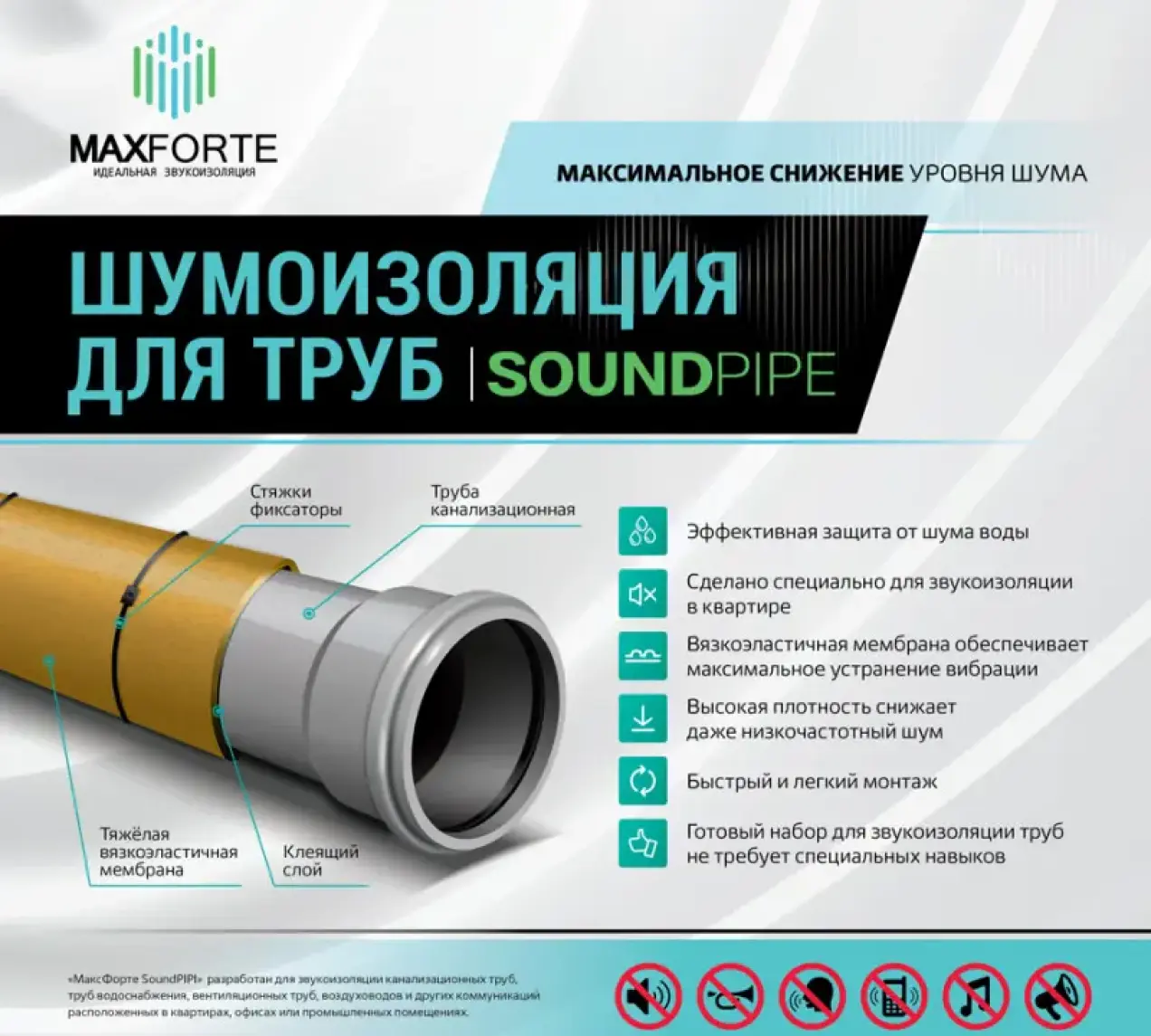 Изображение товара Самоклеящаяся шумоизоляция труб МаксФорте SoundPIPE 1.2 м²