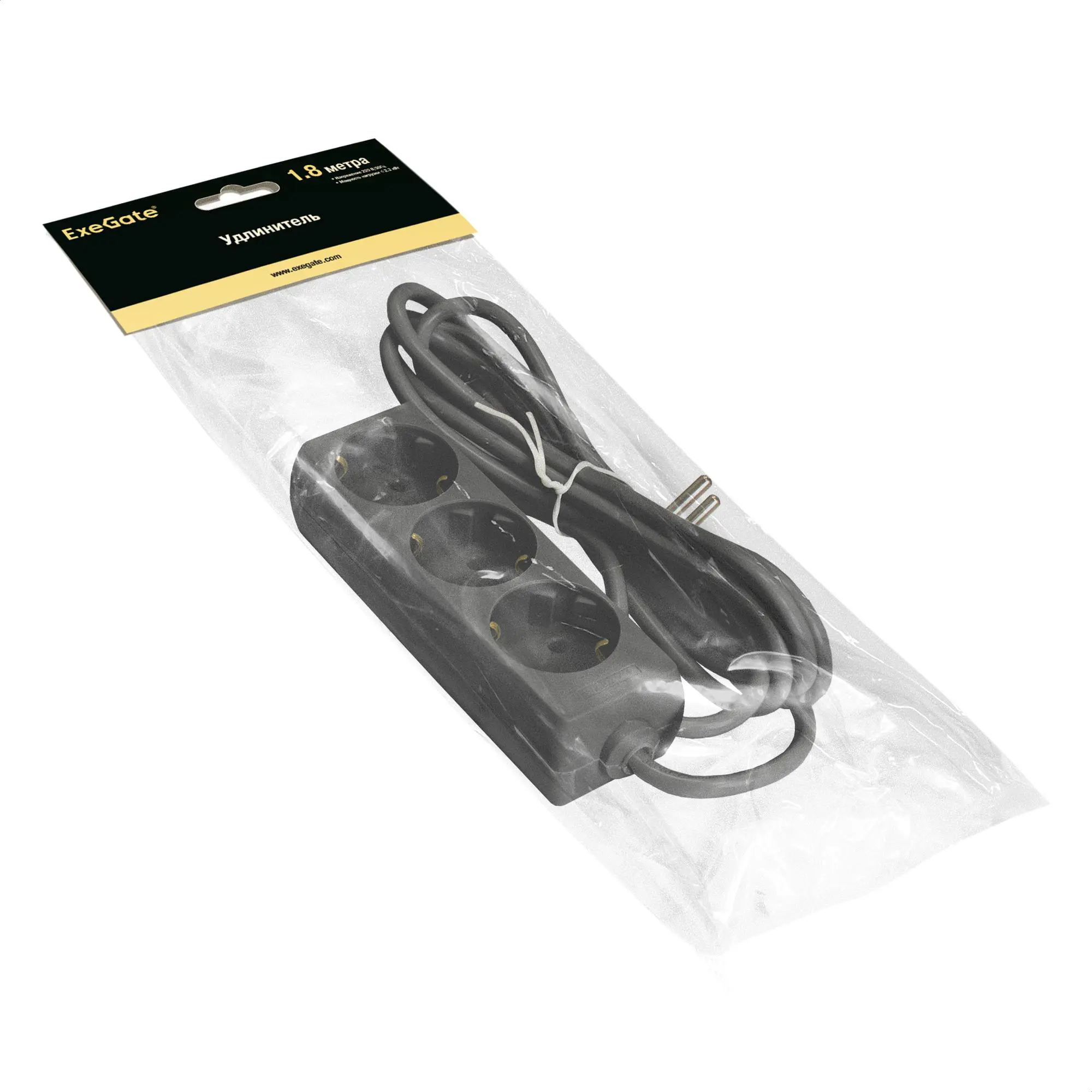 Изображение товара Удлинитель бытовой Exegate 285801 3 розетки с заземлением 3x0.75 мм 1.8 м 2200 Вт цвет черный