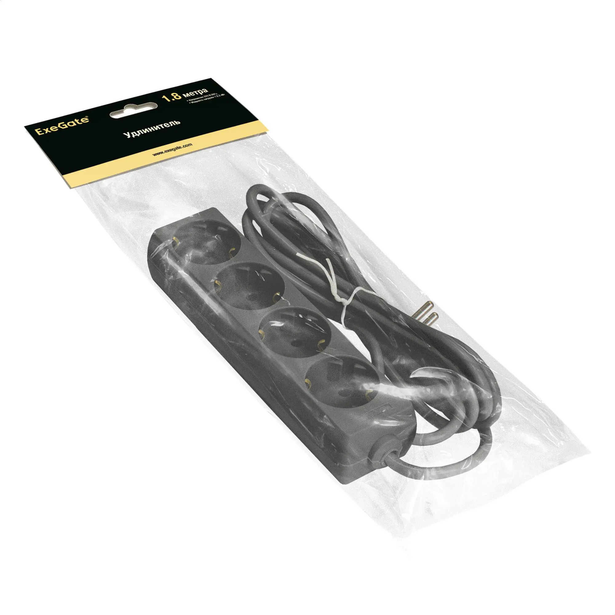 Изображение товара Удлинитель бытовой Exegate 285810 4 розетки с заземлением 3x0.75 мм 1.8 м 2200 Вт цвет черный