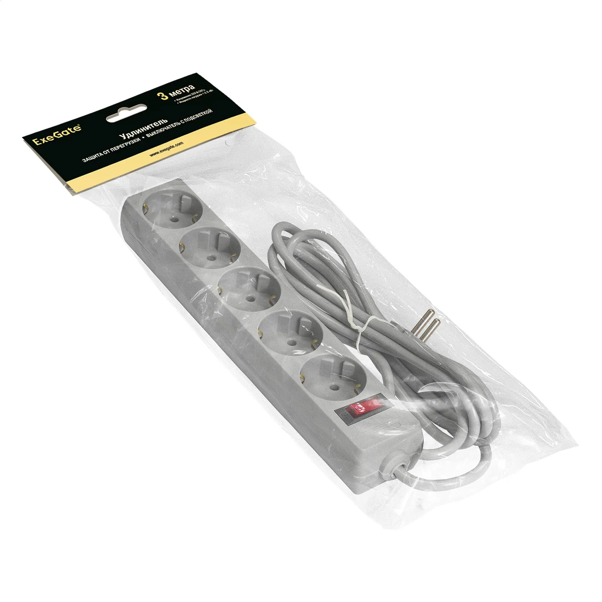 Изображение товара Удлинитель бытовой Exegate 285799 5 розеток заземление 3м серый