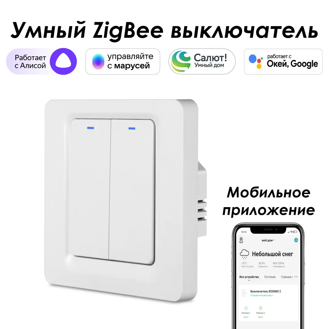 Изображение товара Умный выключатель встраиваемый Roximo SZBTN01-2 2 клавиши цвет белый