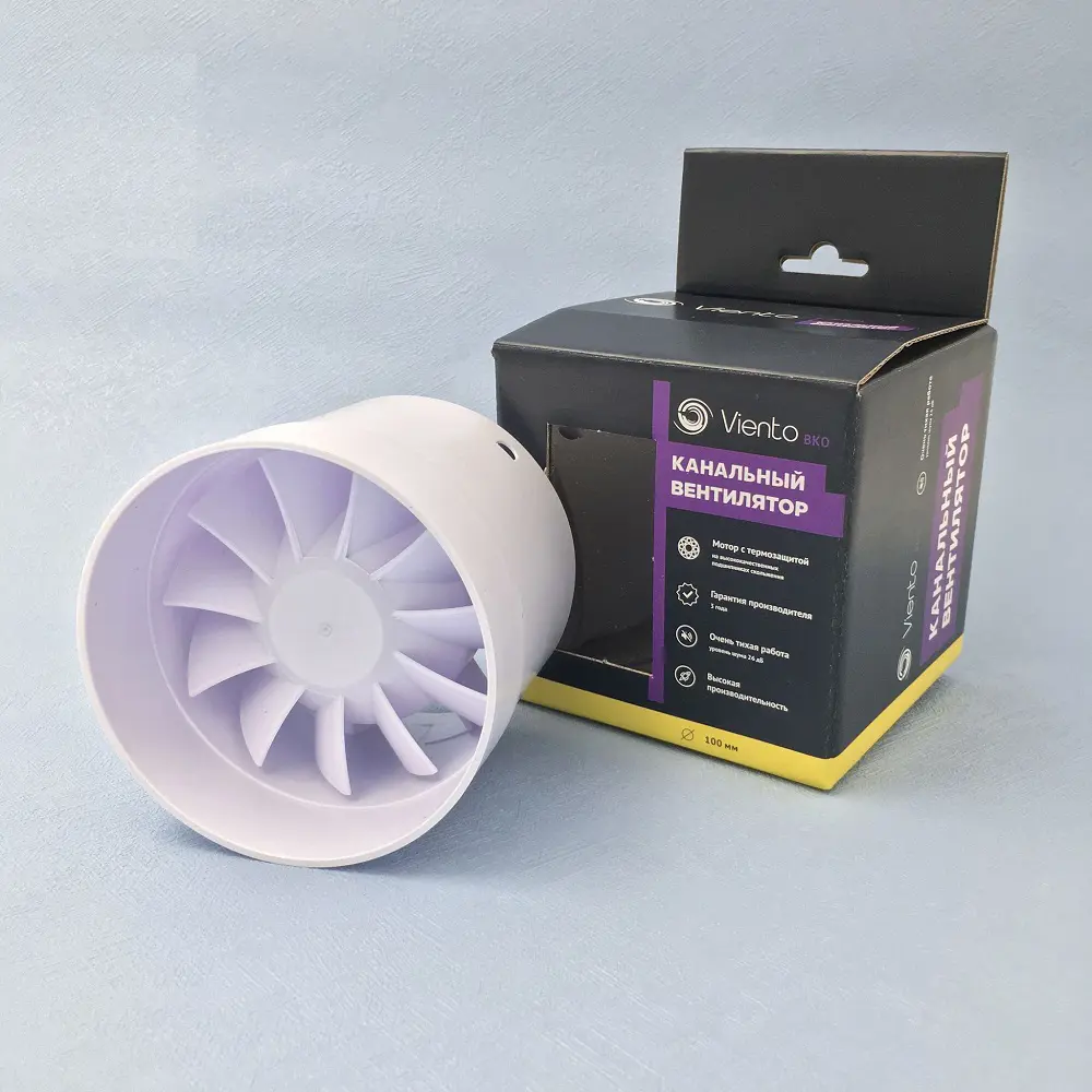 Изображение товара Вентилятор канальный шарикоподшипник Виенто ВКО100-В D100 мм 26 дБ 130 м³/ч цвет белый