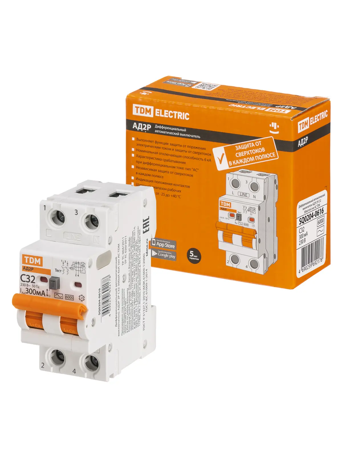 Изображение товара Дифференциальный автомат Tdm electric АД2P 2P C32 А 300 мА 6 кА C SQ0204-0616
