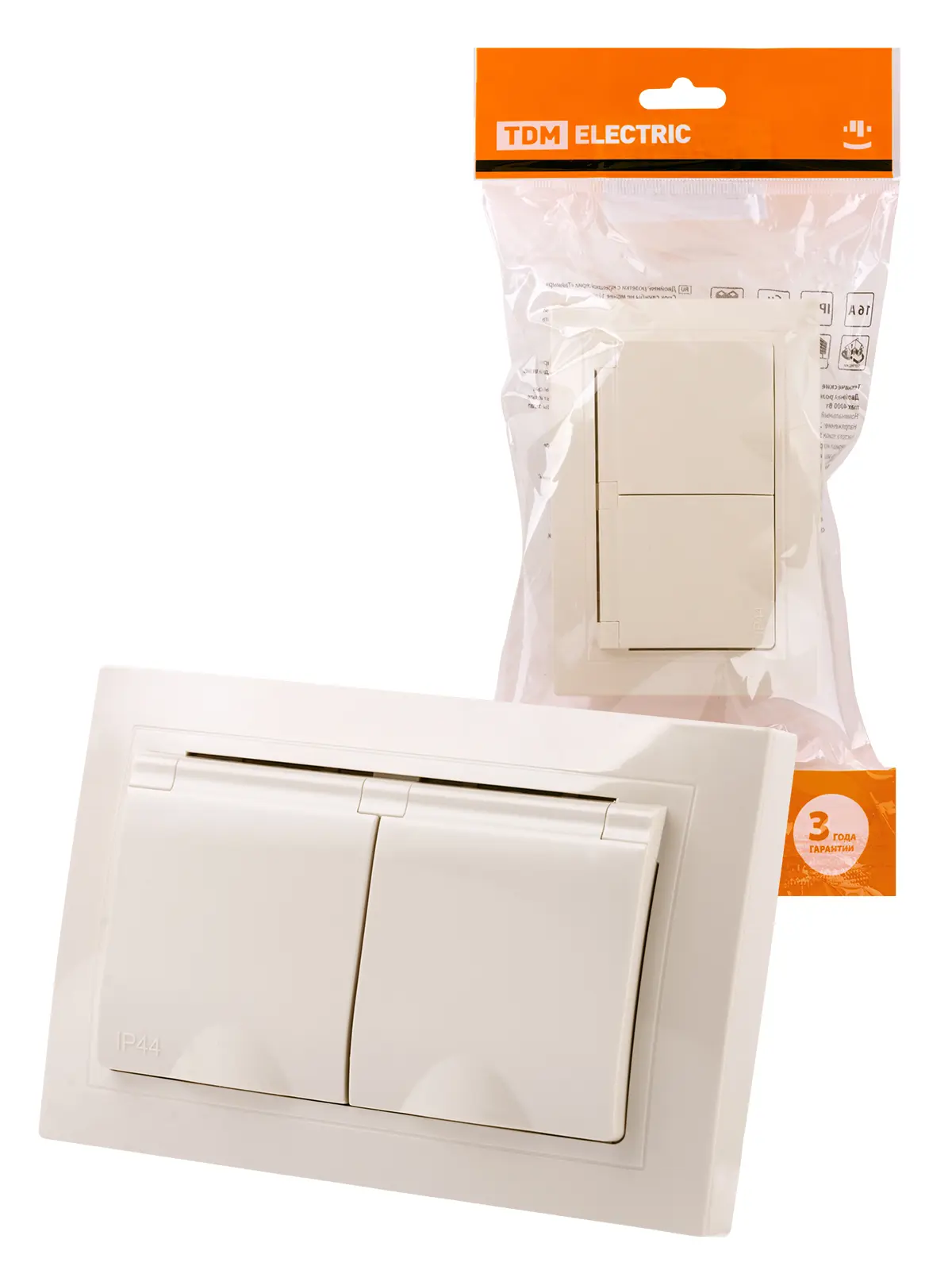 Изображение товара Двойная встраиваемая розетка TDM Electric Таймыр со шторками и крышкой цвет слоновая кость