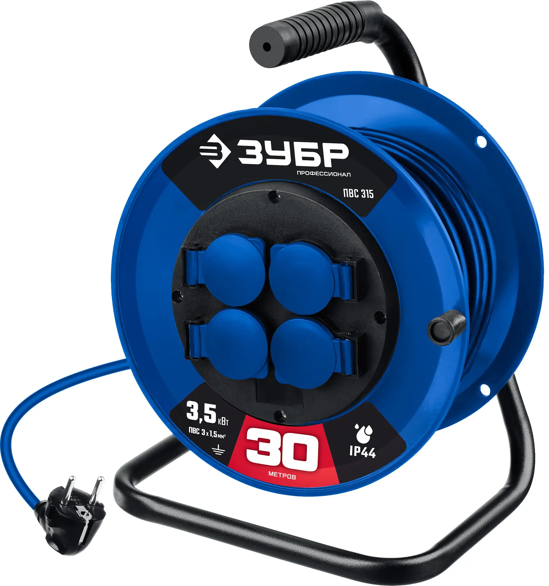 Изображение товара Удлинитель на катушке силовой ЗУБР 30 м 4 розетки заземление IP44 синий