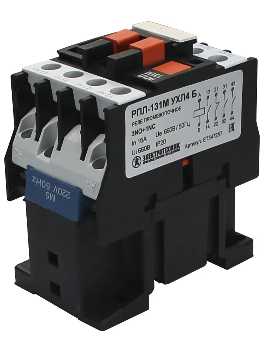 Изображение товара Реле промежуточное Электротехник РПЛ-131М УХЛ4 Б 220В/50Гц 3з+1р 16А IP20